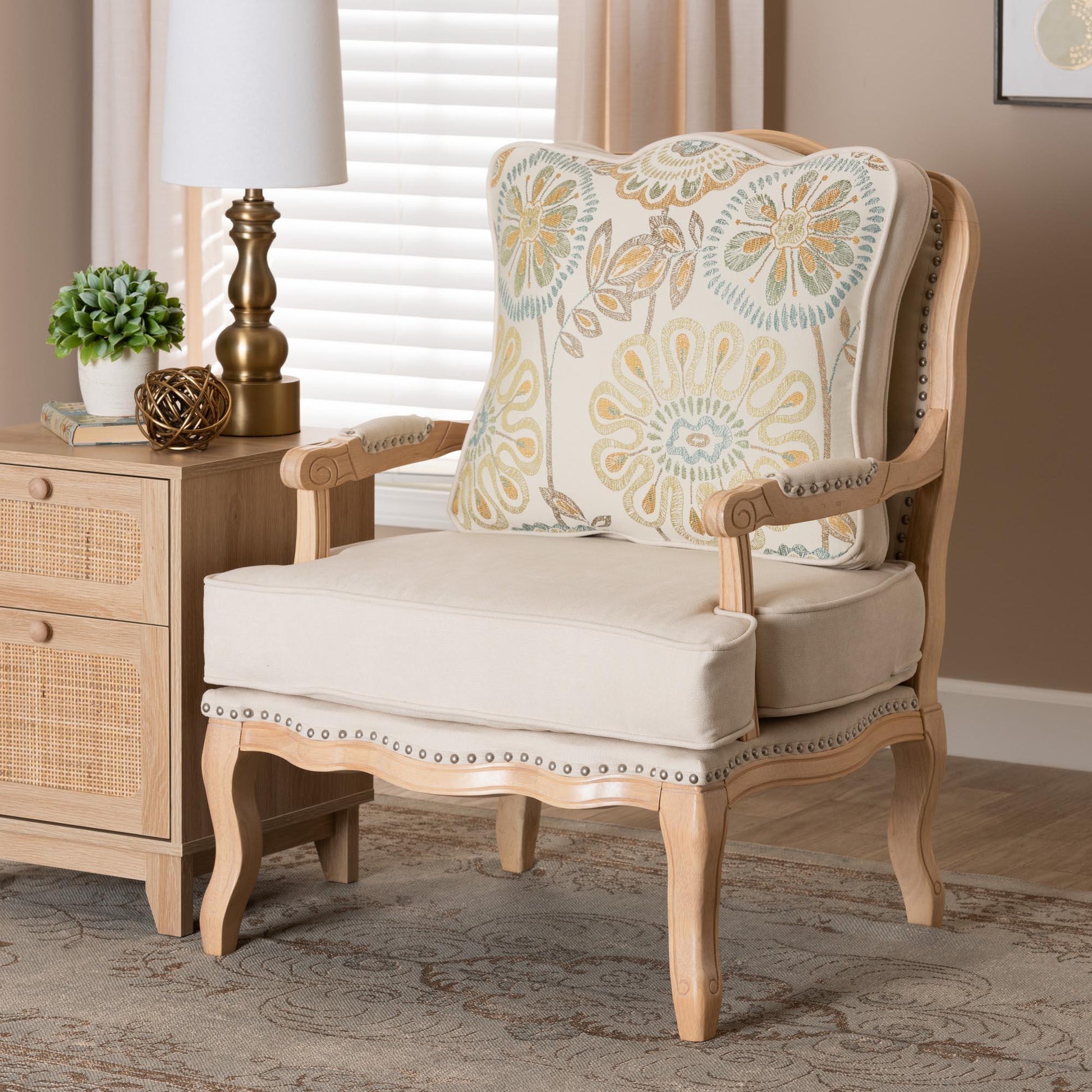 Andre Traditional French Quilted Fabric and Whitewash Finished Wood Accent Chair FredCo