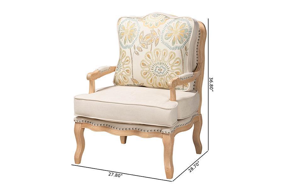 Andre Traditional French Quilted Fabric and Whitewash Finished Wood Accent Chair FredCo