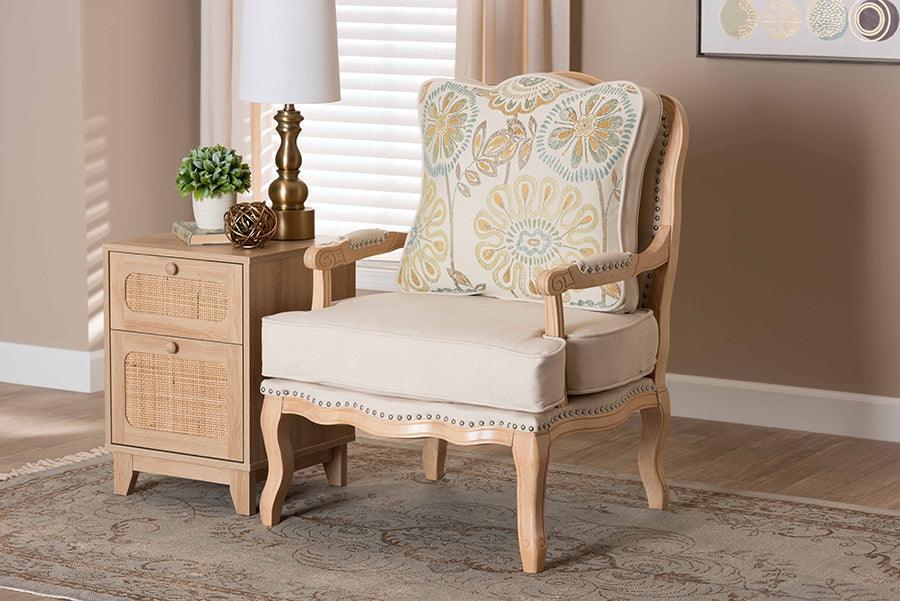 Andre Traditional French Quilted Fabric and Whitewash Finished Wood Accent Chair FredCo
