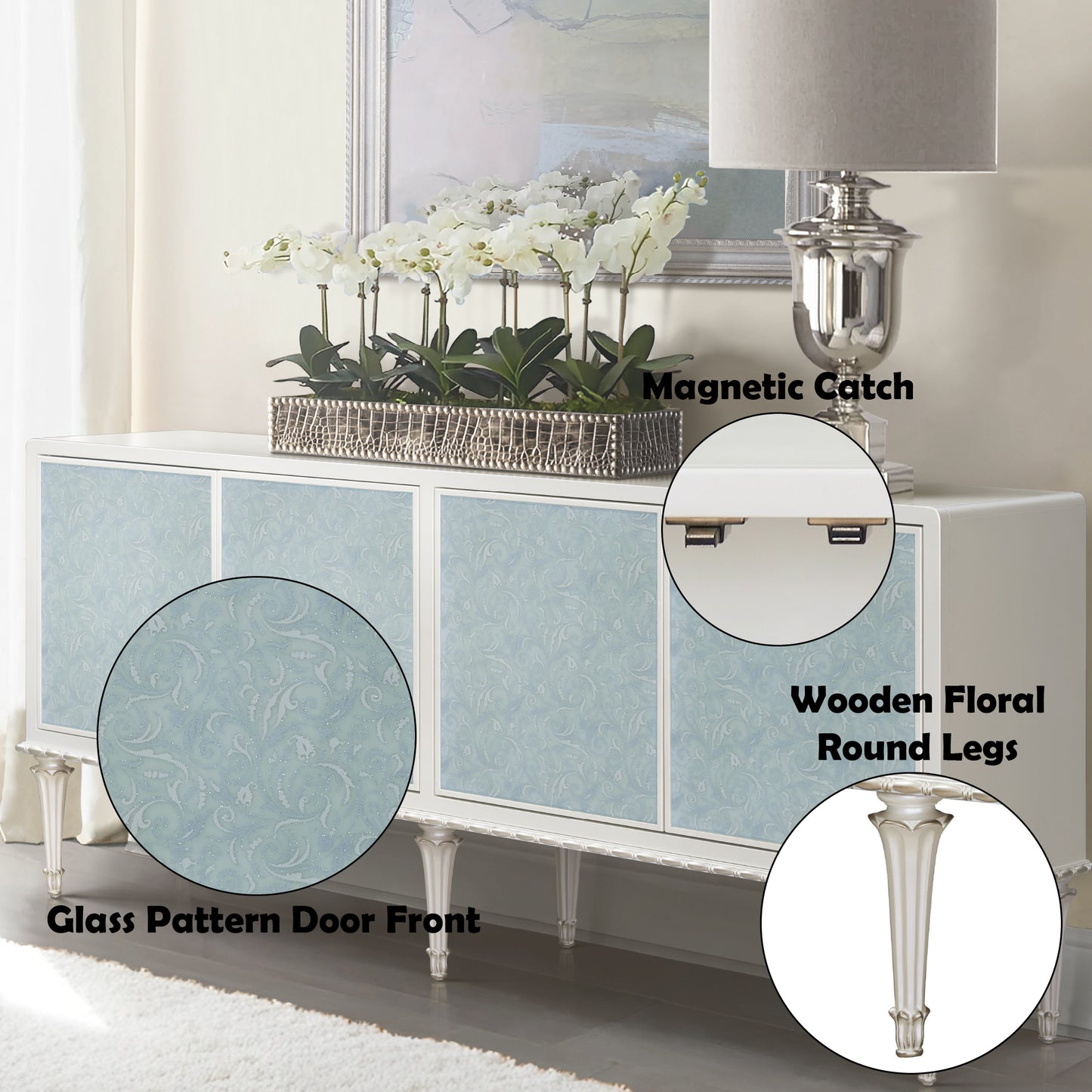 Ansaldo Pearl White & Silver Shimmer Finish Console Cabinet FredCo