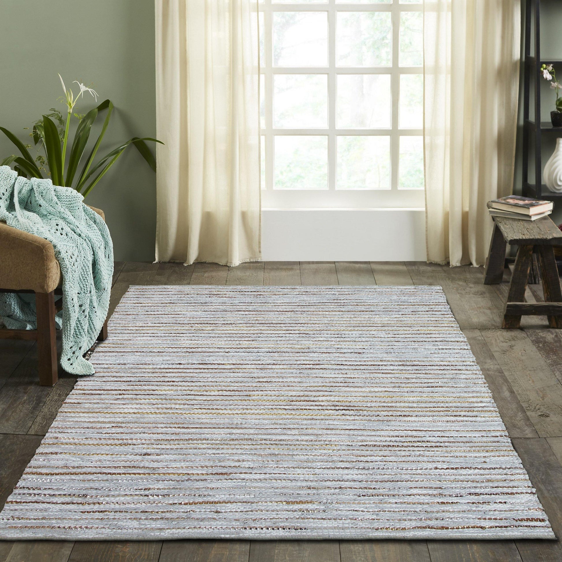 Ansley Handcrafted Leather Modern Metallic Stripe Rug FredCo