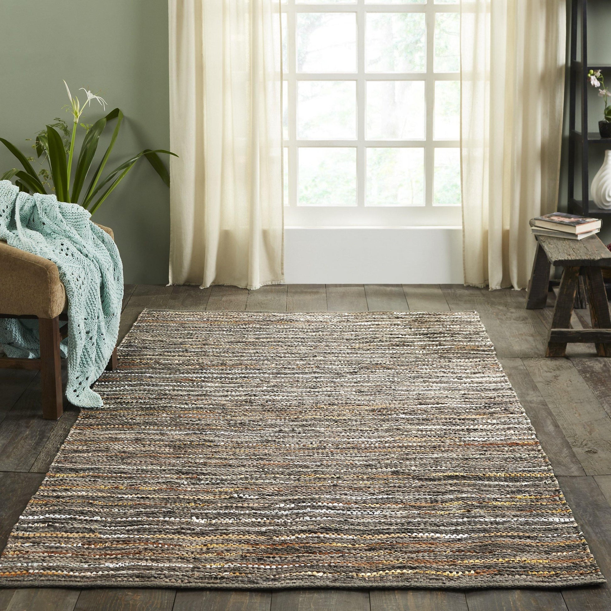 Ansley Handcrafted Leather Modern Metallic Stripe Rug FredCo