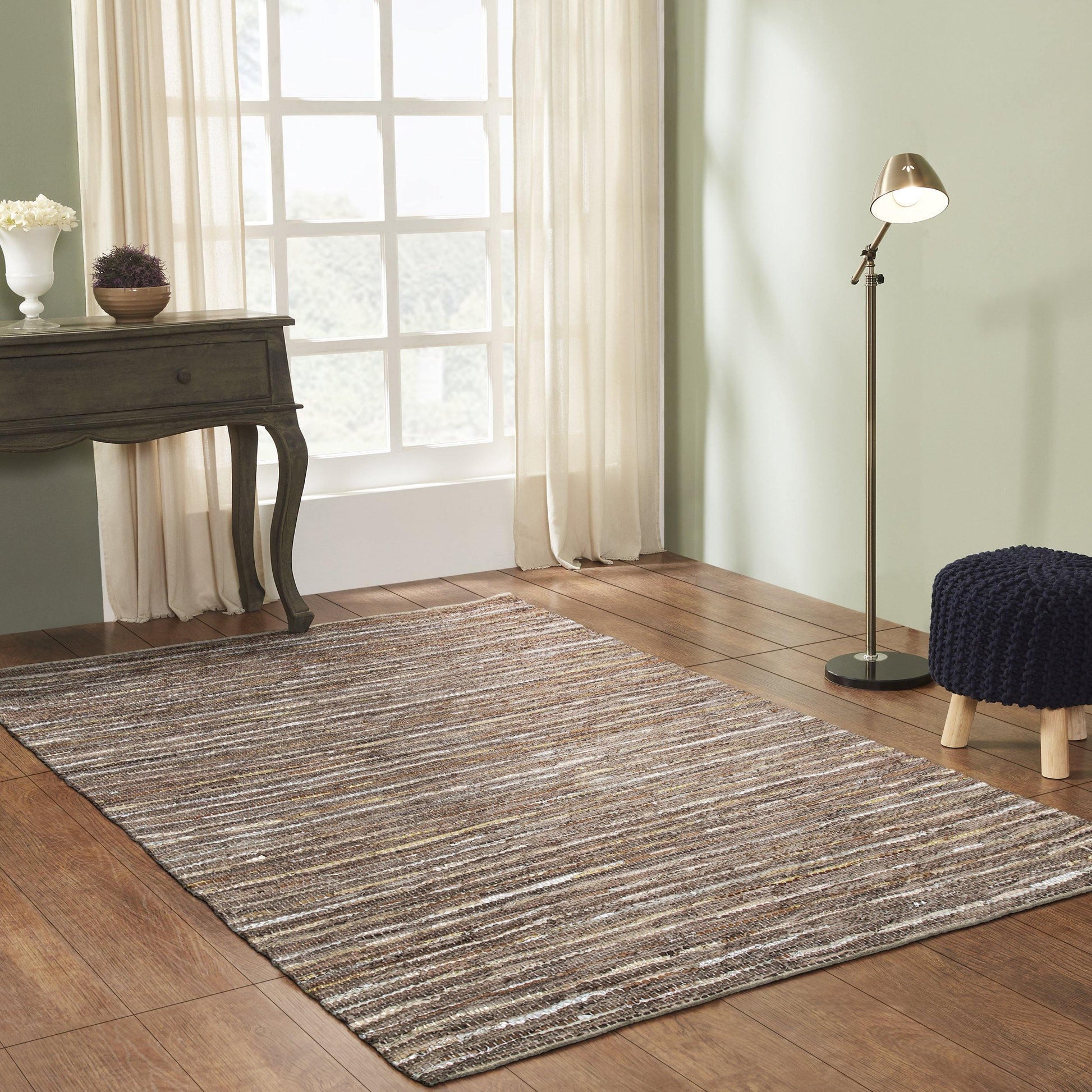 Ansley Handcrafted Leather Modern Metallic Stripe Rug FredCo