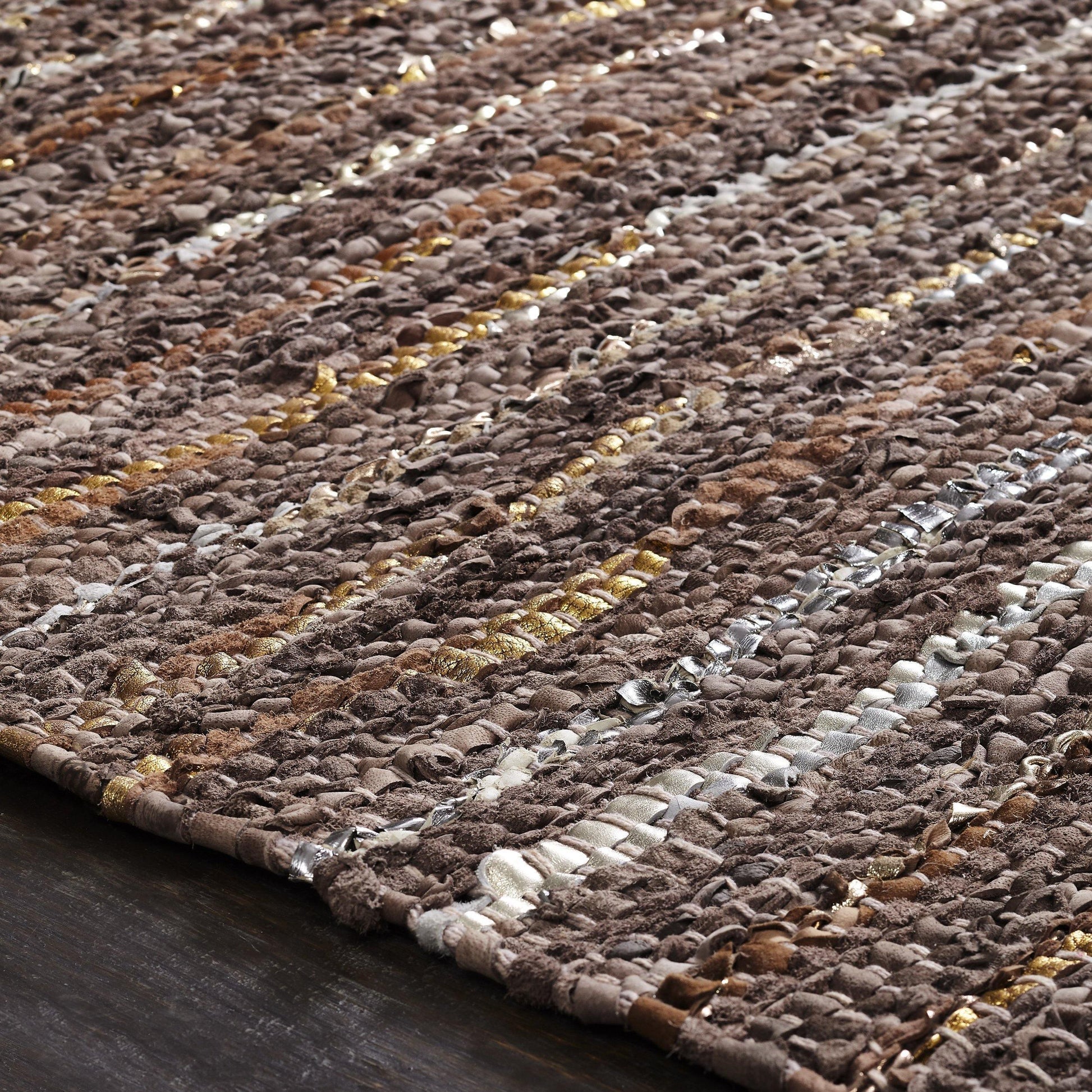 Ansley Handcrafted Leather Modern Metallic Stripe Rug FredCo