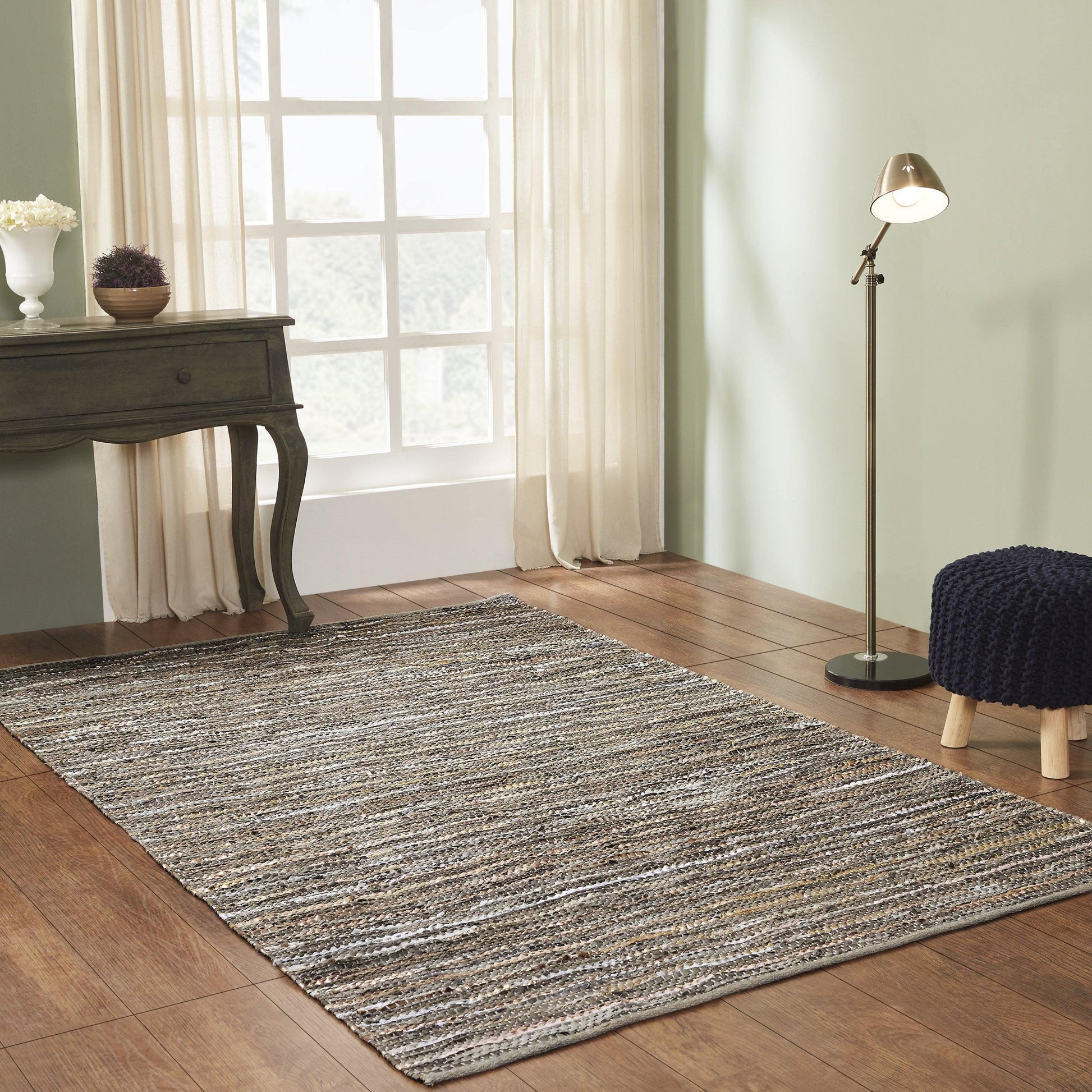 Ansley Handcrafted Leather Modern Metallic Stripe Rug FredCo