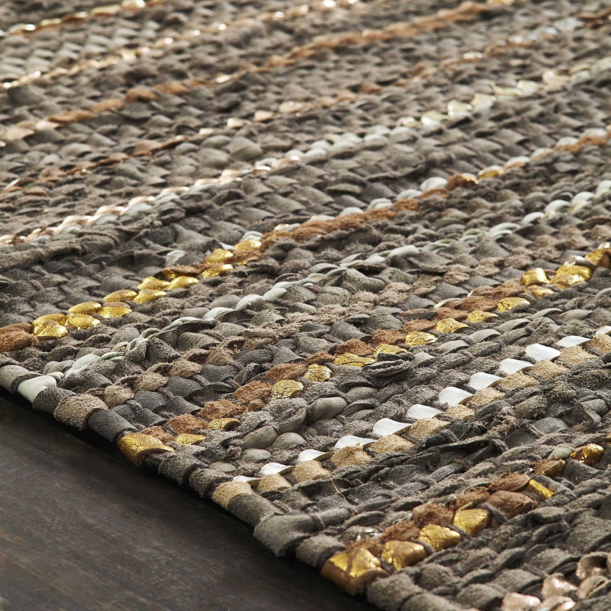 Ansley Handcrafted Leather Modern Metallic Stripe Rug FredCo