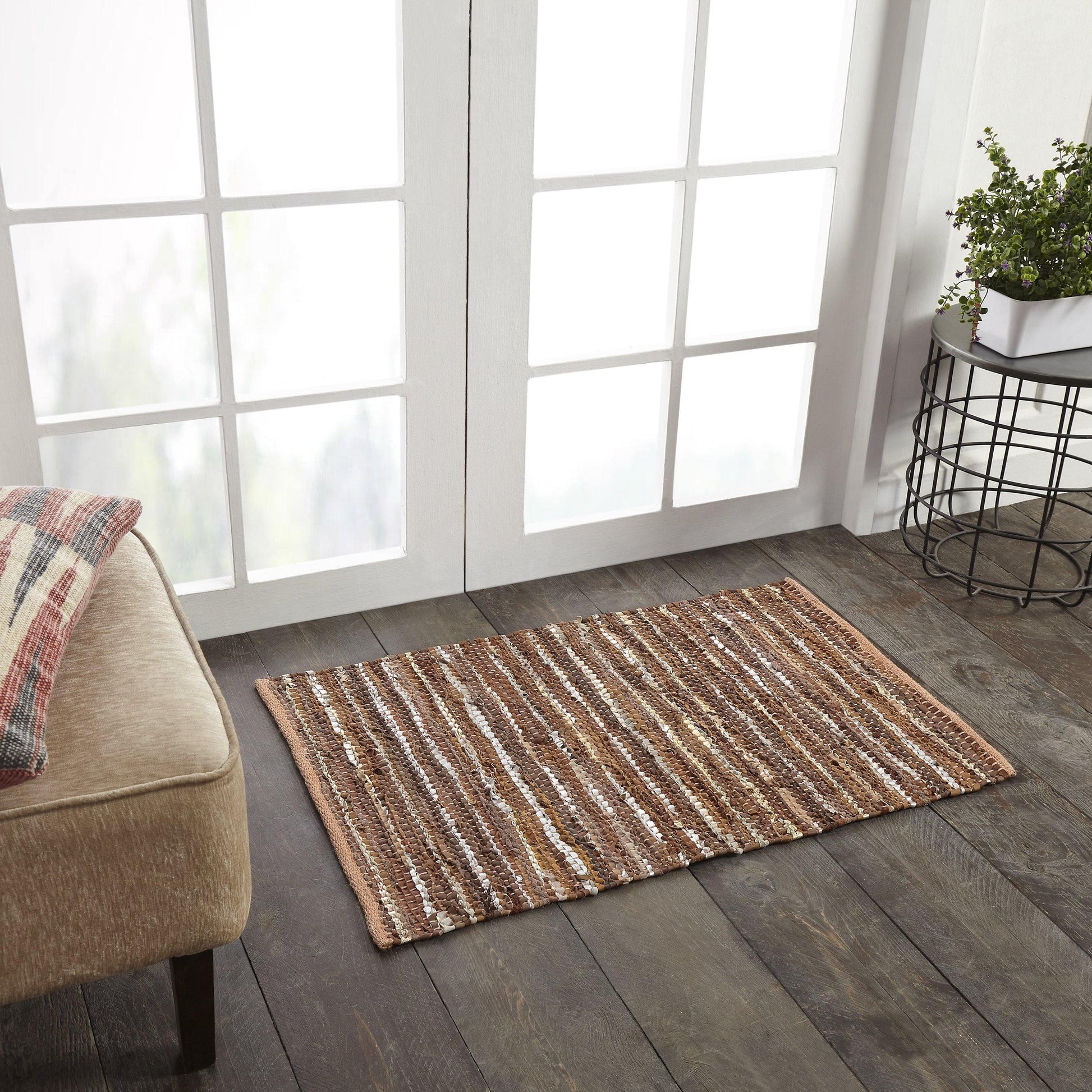 Ansley Handcrafted Leather Modern Metallic Stripe Rug FredCo
