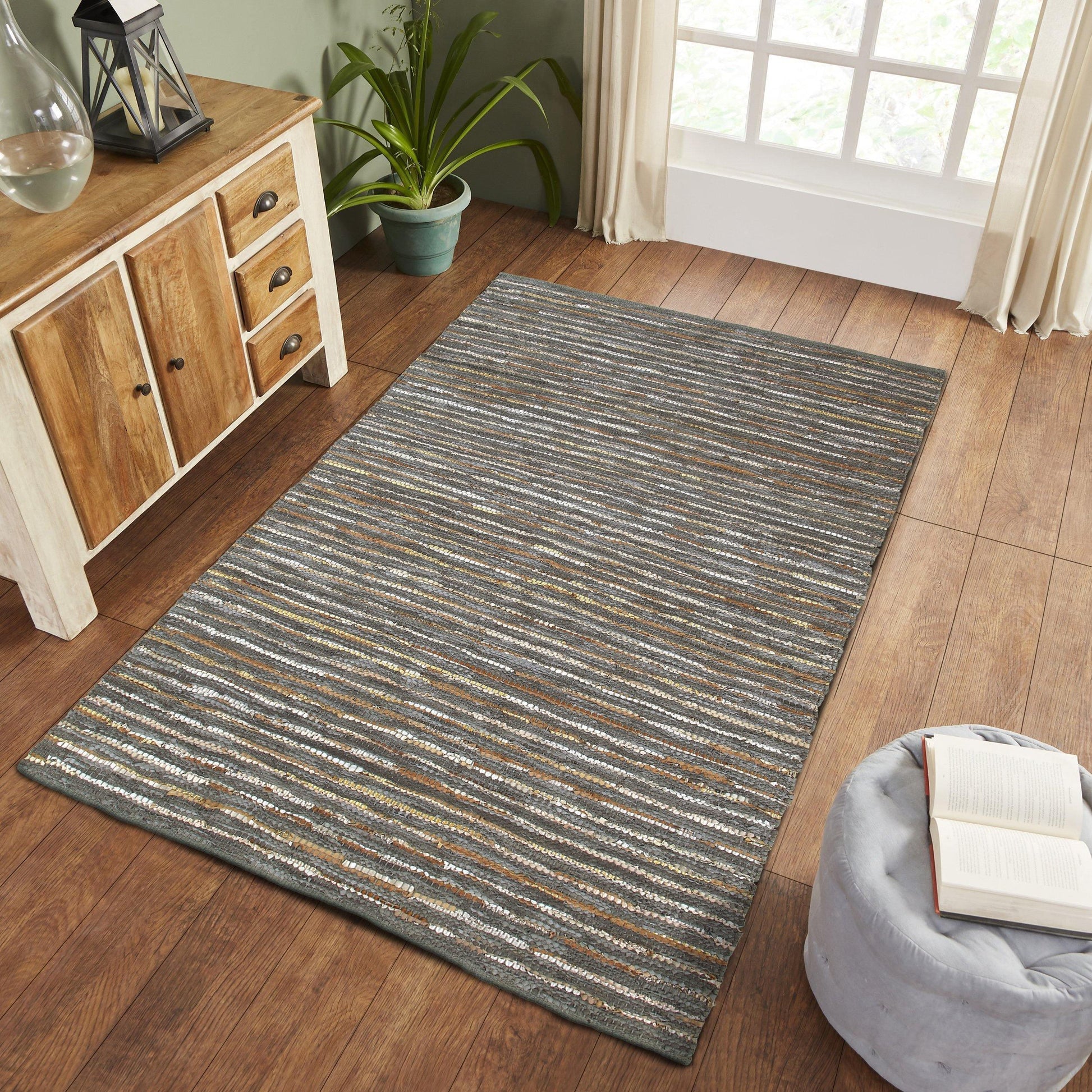 Ansley Handcrafted Leather Modern Metallic Stripe Rug FredCo