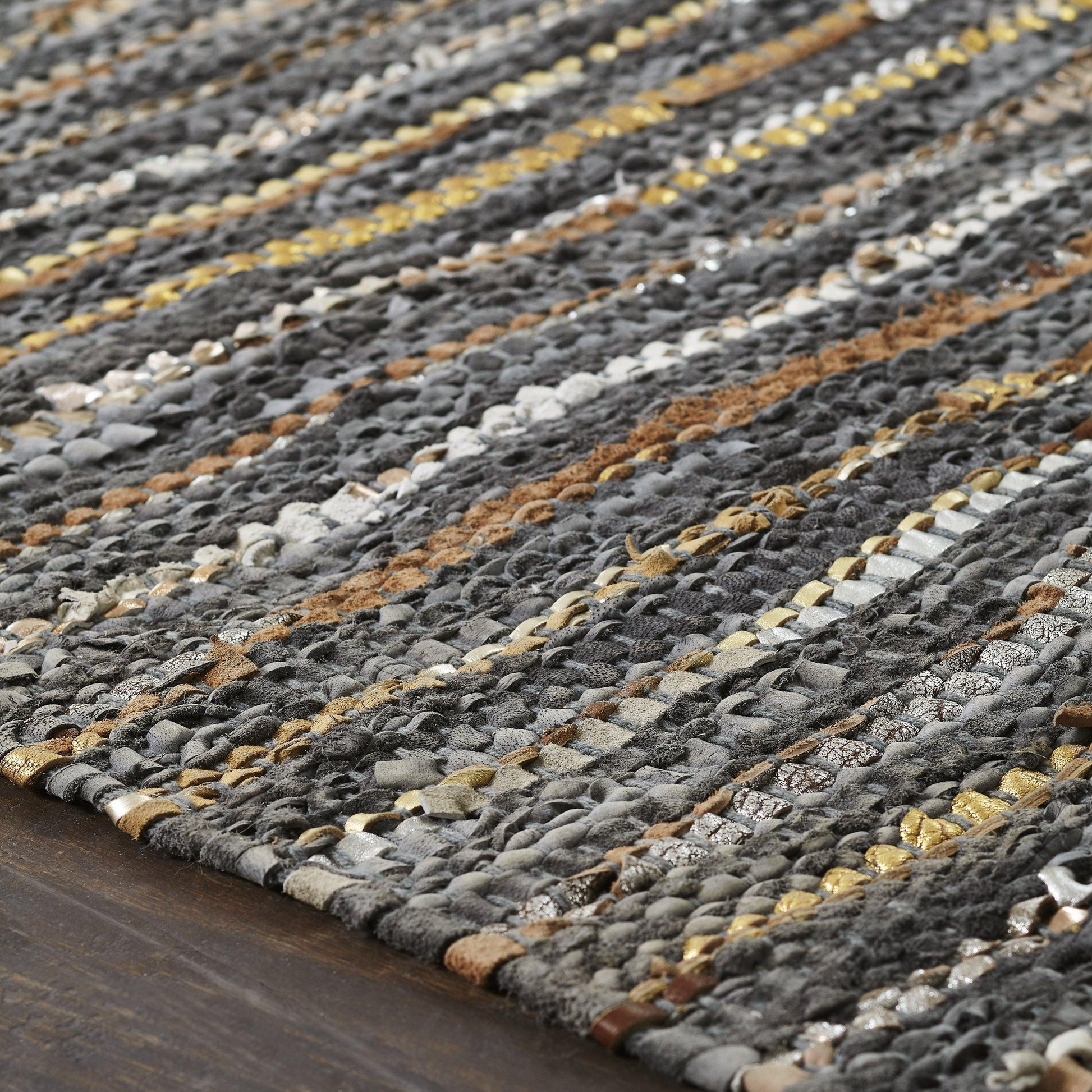 Ansley Handcrafted Leather Modern Metallic Stripe Rug FredCo