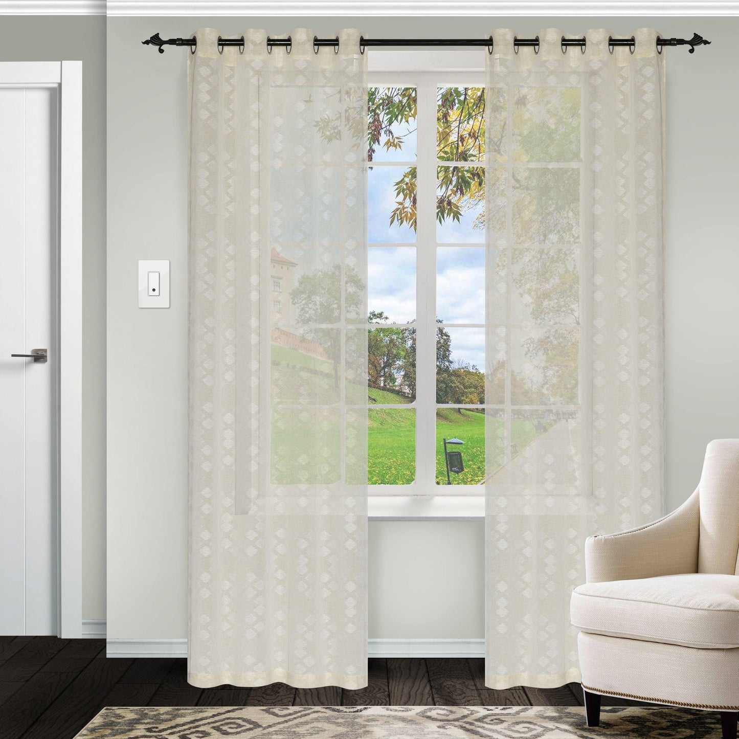 Argyle Geometric Embroidered Sheer Grommet Panel 2-Piece Curtain Set FredCo