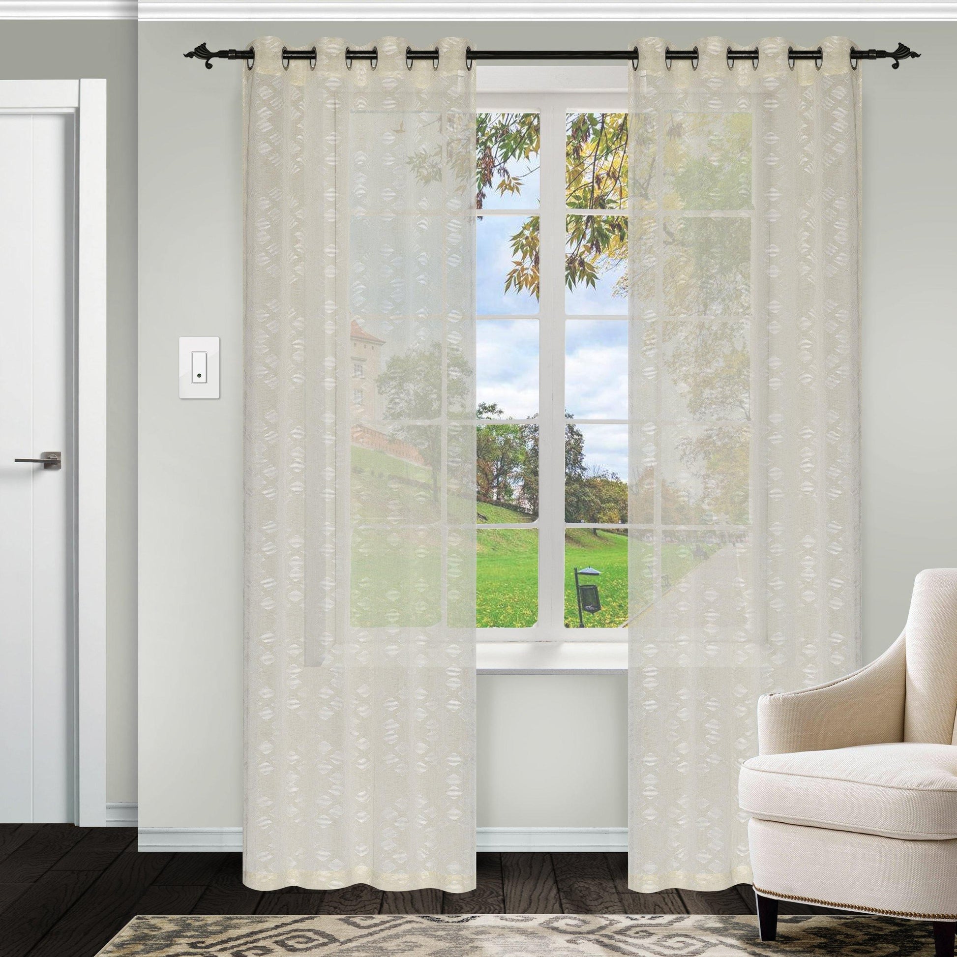 Argyle Geometric Embroidered Sheer Grommet Panel 2-Piece Curtain Set FredCo