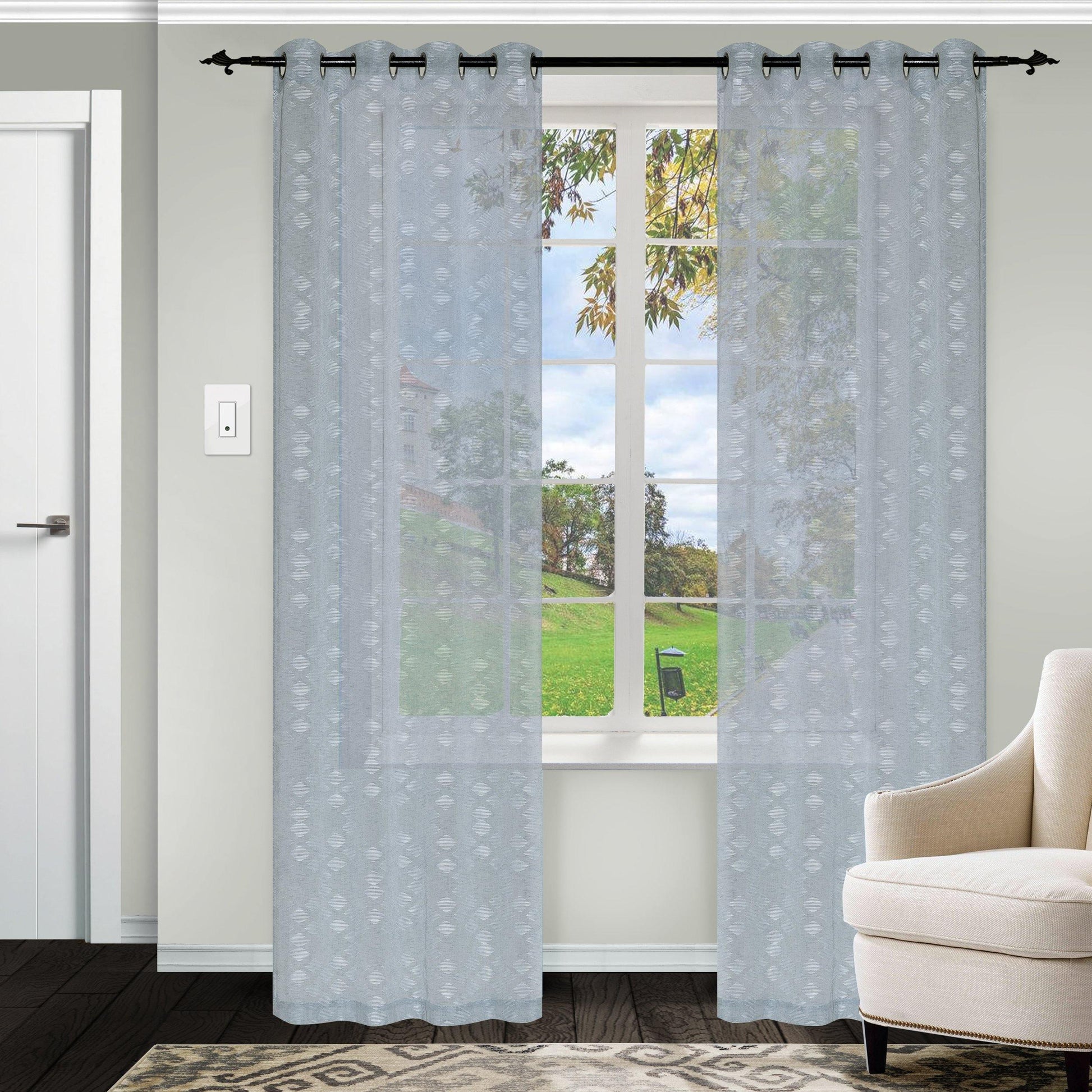 Argyle Geometric Embroidered Sheer Grommet Panel 2-Piece Curtain Set FredCo