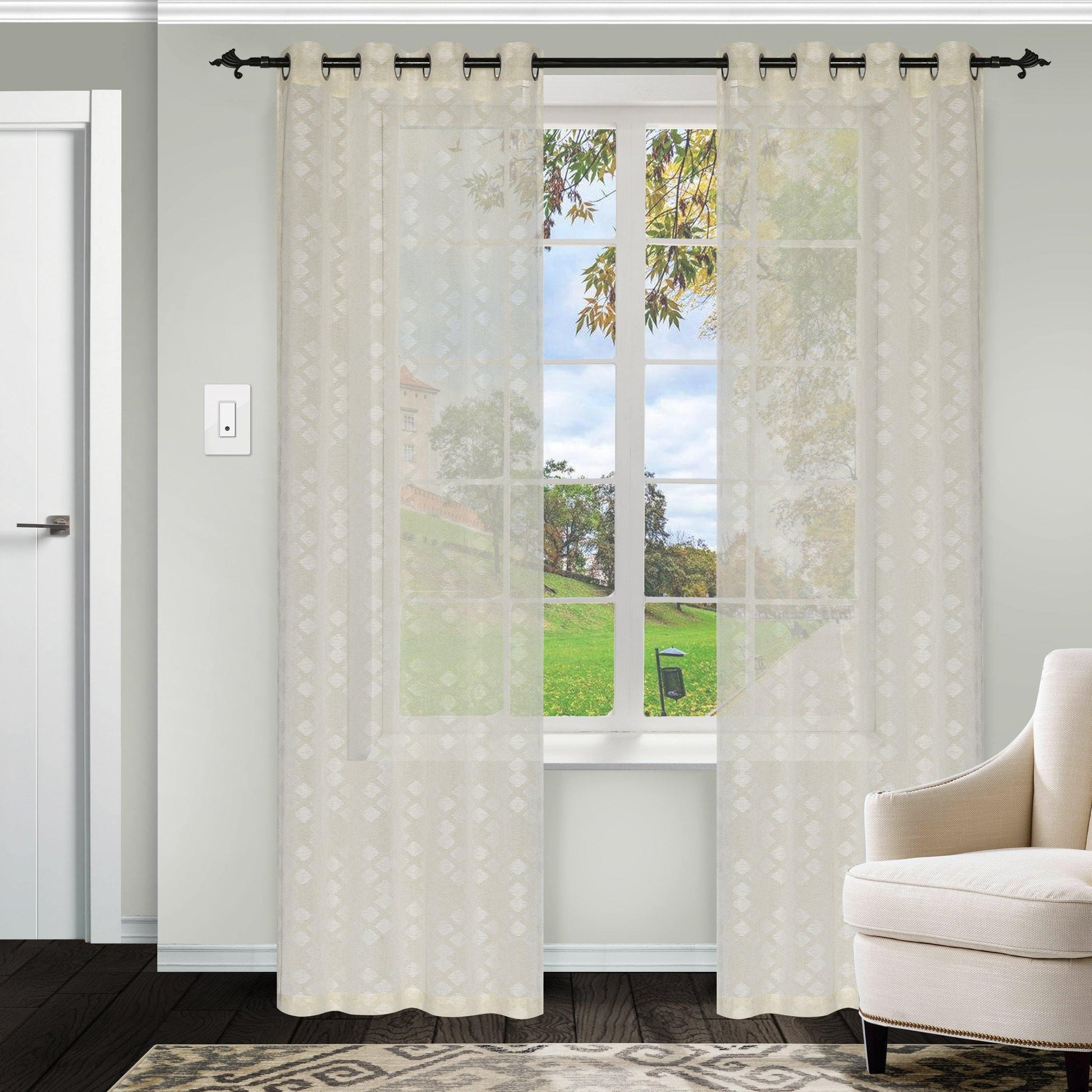 Argyle Geometric Embroidered Sheer Grommet Panel 2-Piece Curtain Set FredCo