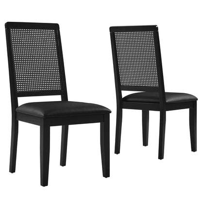 Arlo Vegan Leather Upholstered Faux Rattan and Wood Dining Side Chairs Set of 2 by Modway FredCo