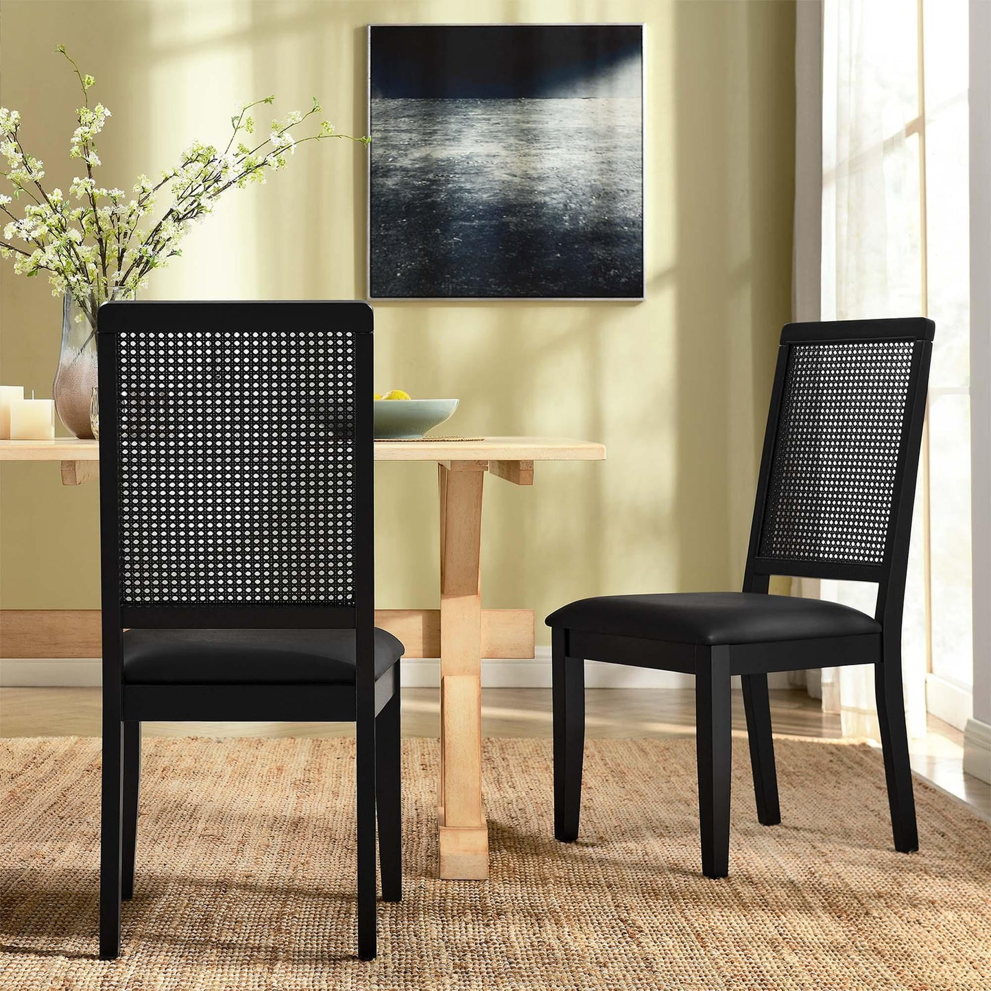 Arlo Vegan Leather Upholstered Faux Rattan and Wood Dining Side Chairs Set of 2 by Modway FredCo