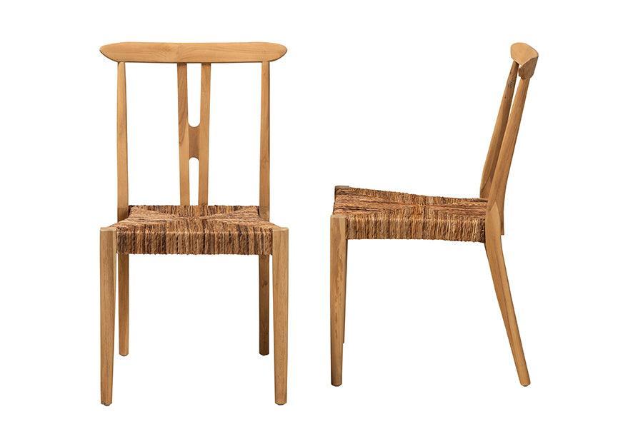 Artha Modern Bohemian Natural Brown Teak Wood and Seagrass 2-Piece Dining Chair Set FredCo
