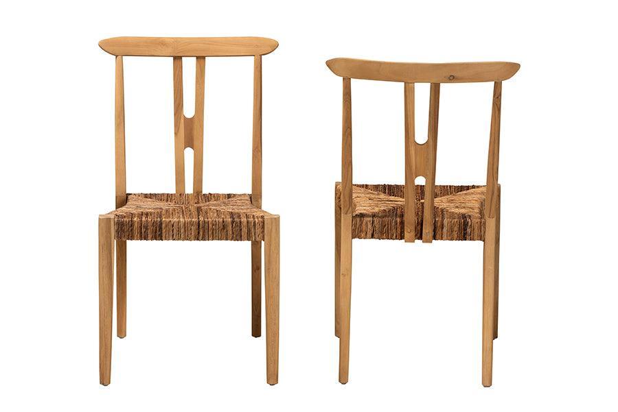 Artha Modern Bohemian Natural Brown Teak Wood and Seagrass 2-Piece Dining Chair Set FredCo