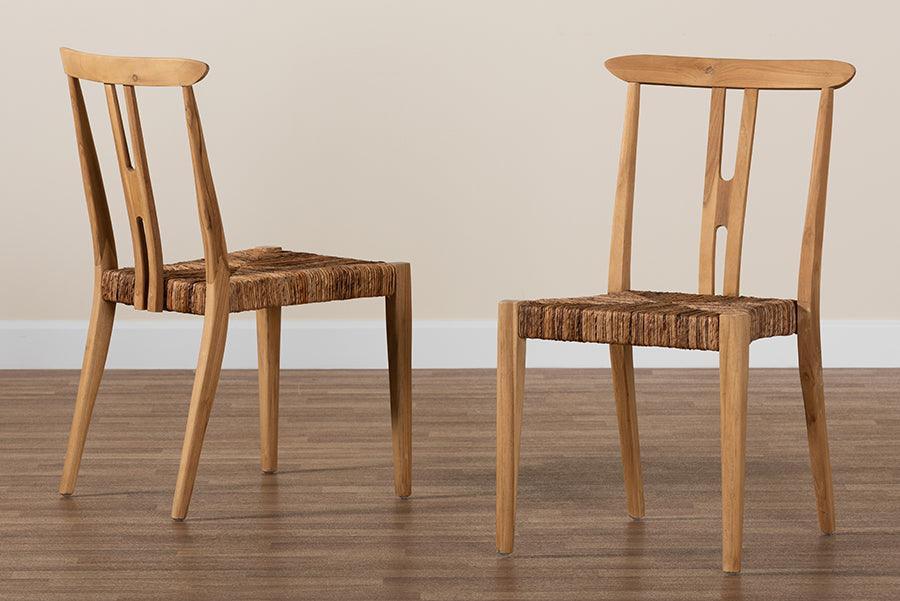 Artha Modern Bohemian Natural Brown Teak Wood and Seagrass 2-Piece Dining Chair Set FredCo