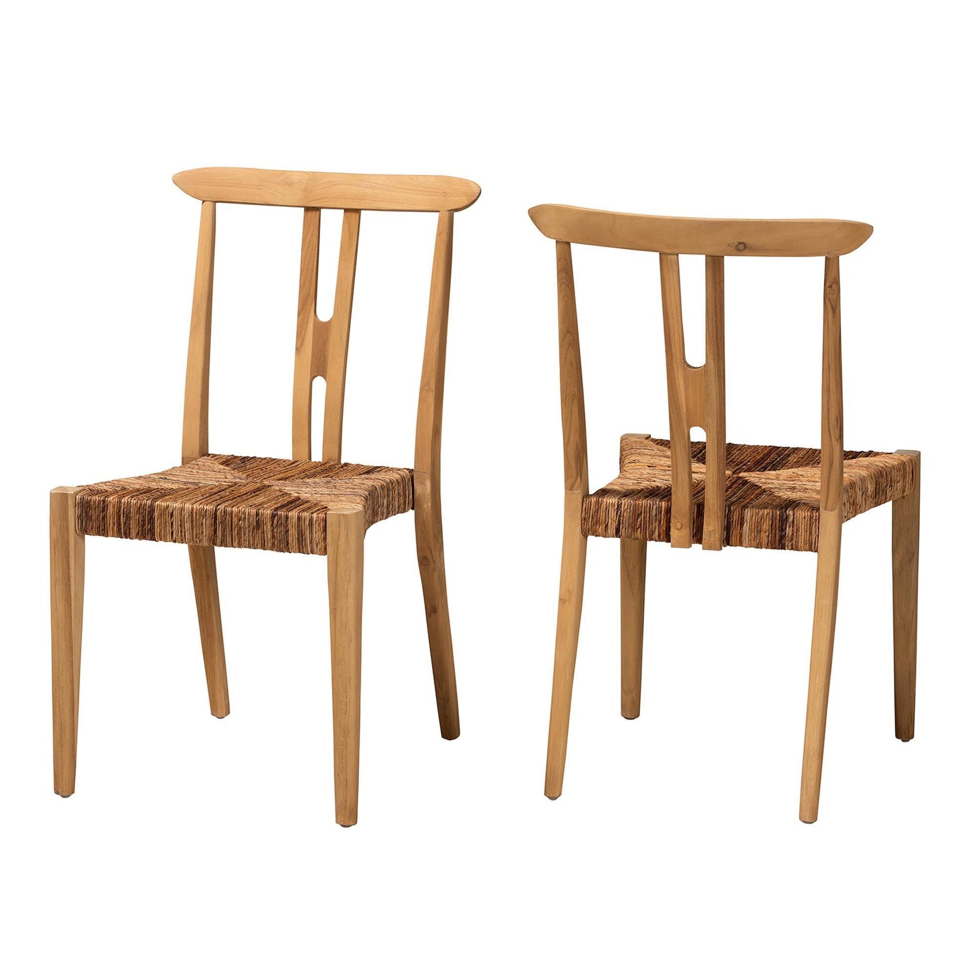 Artha Modern Bohemian Natural Brown Teak Wood and Seagrass 2-Piece Dining Chair Set FredCo