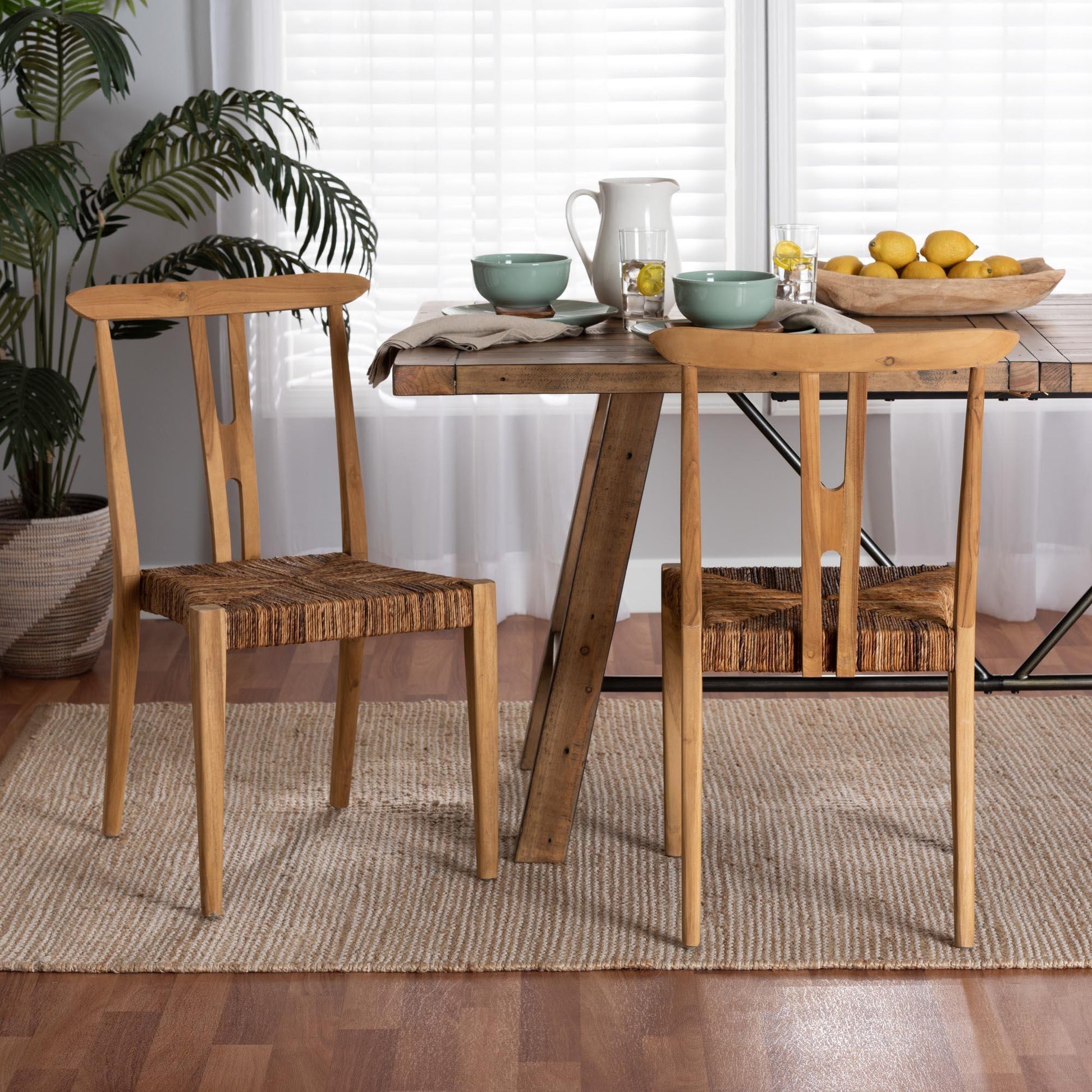 Artha Modern Bohemian Natural Brown Teak Wood and Seagrass 2-Piece Dining Chair Set FredCo