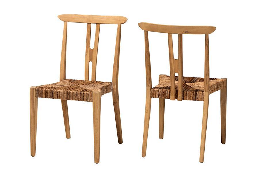 Artha Modern Bohemian Natural Brown Teak Wood and Seagrass 2-Piece Dining Chair Set FredCo