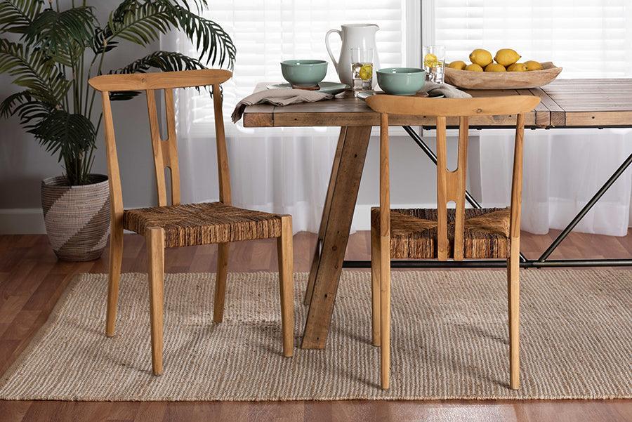 Artha Modern Bohemian Natural Brown Teak Wood and Seagrass 2-Piece Dining Chair Set FredCo