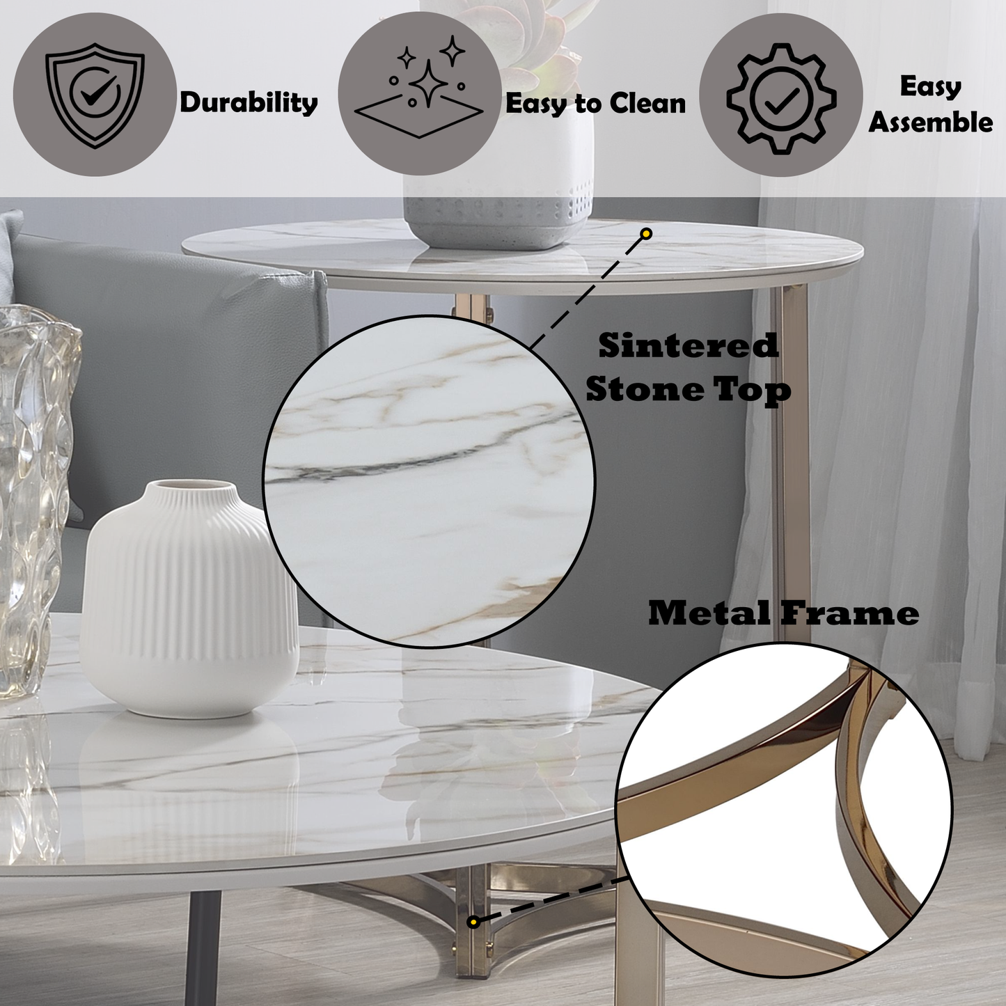 Aziz Sintered Stone Top & Champagne Finish End Table FredCo