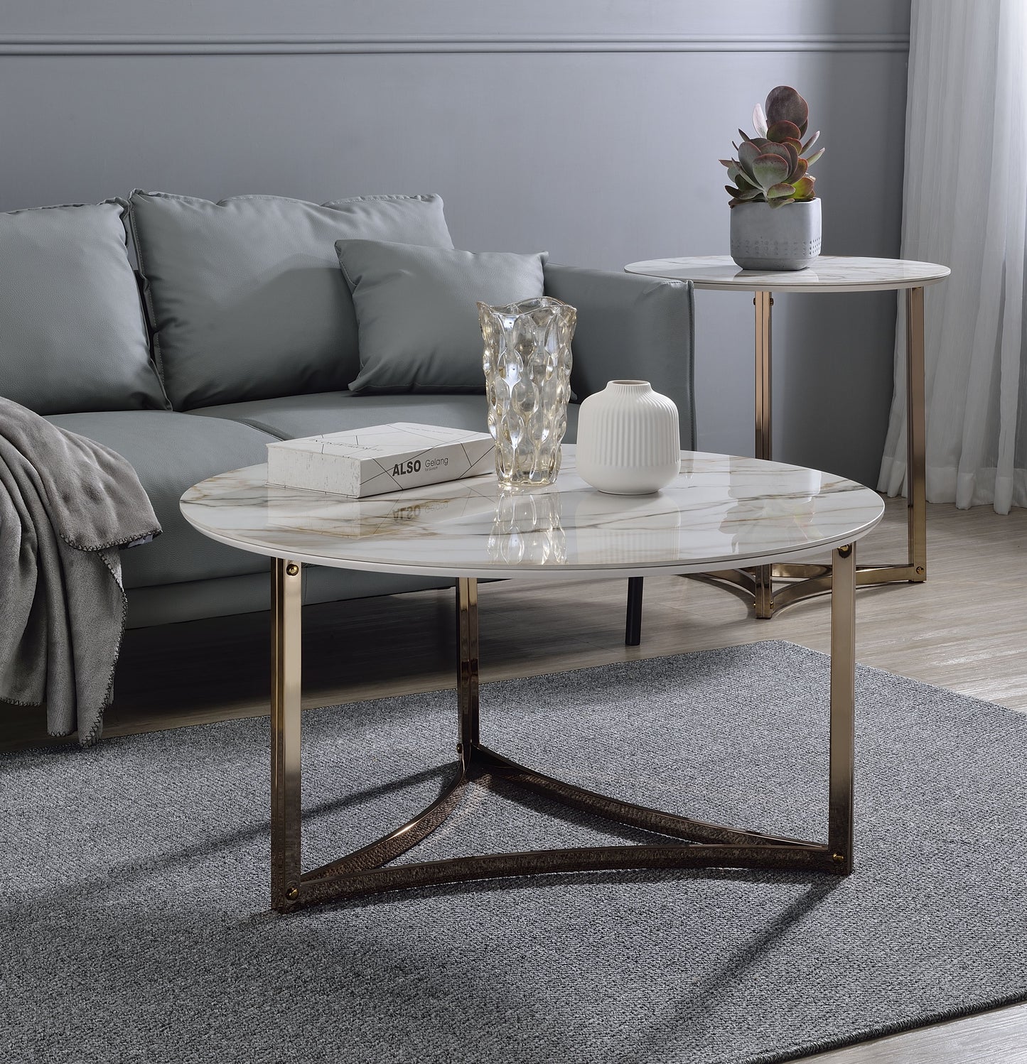 Aziz Sintered Stone Top & Champagne Finish Round Coffee Table FredCo