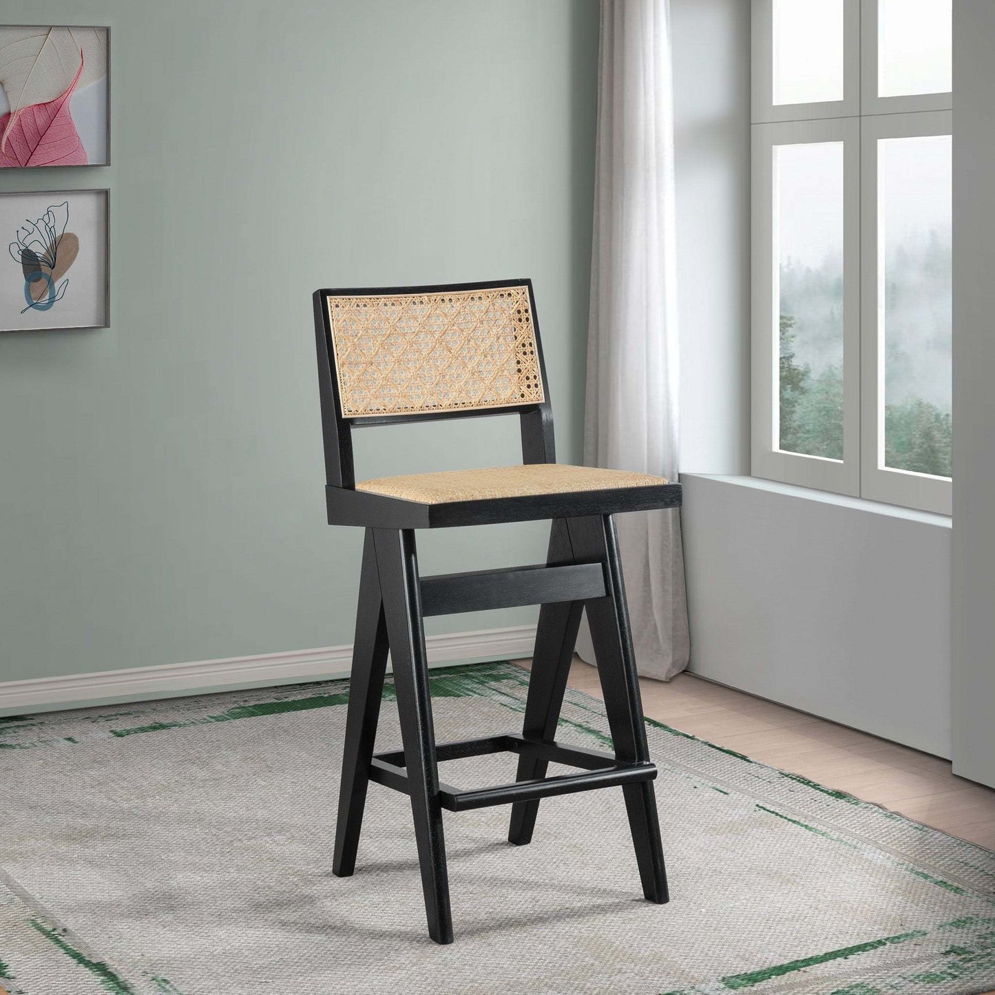 Keira Mid-Century Rattan Bar Stool Set of 2 with Leather Seat in Black 27.4In FredCo