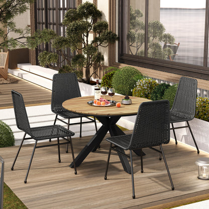 Outdoor Dining Table and Chairs Set, Patio Dining Set, Balck Chair Set of 4 and Teak Tabletop