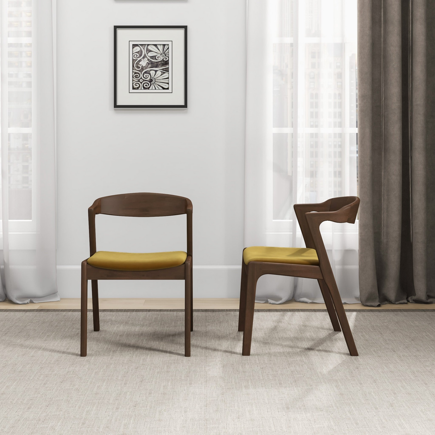 Dakota Dark Yellow Velvet Dining Chair (Set of 2) With Solid Wood Legs and Mid-Century Modern Design 29.3'H x 16'W x 22'D FredCo