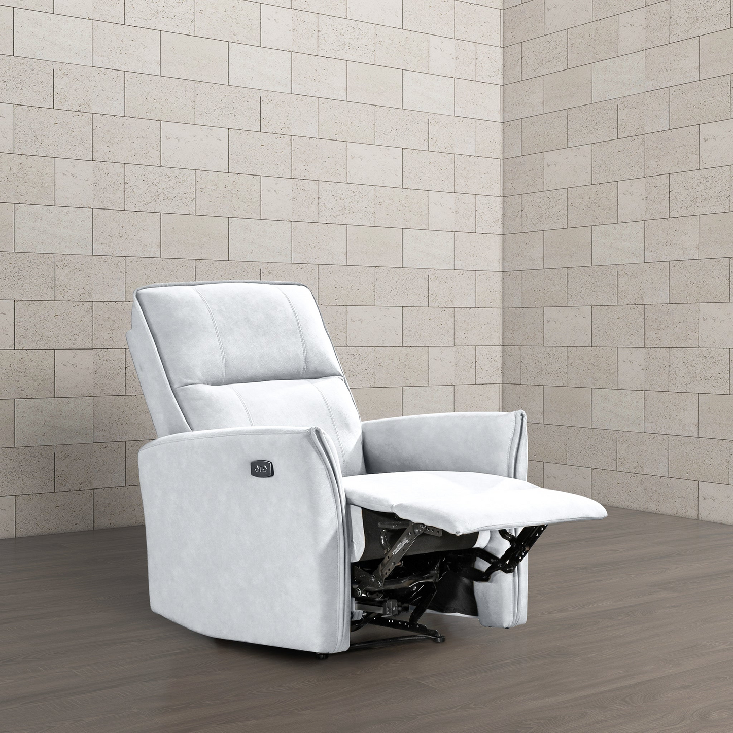 Modern white recliner chair with power controls on wood floor, FredCo International furniture