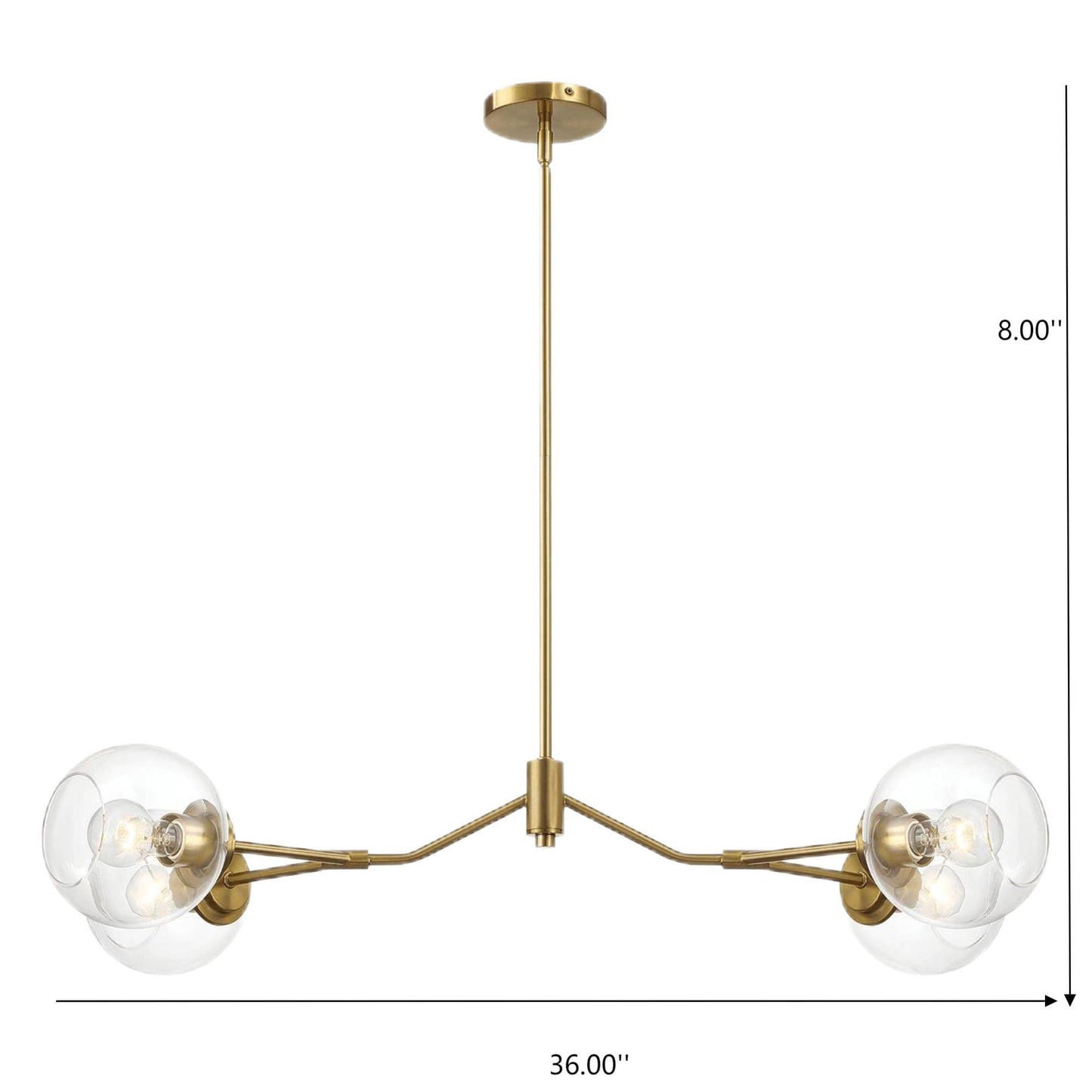 Modern gold chandelier with two clear glass globe shades, 36 inch wide, ceiling light