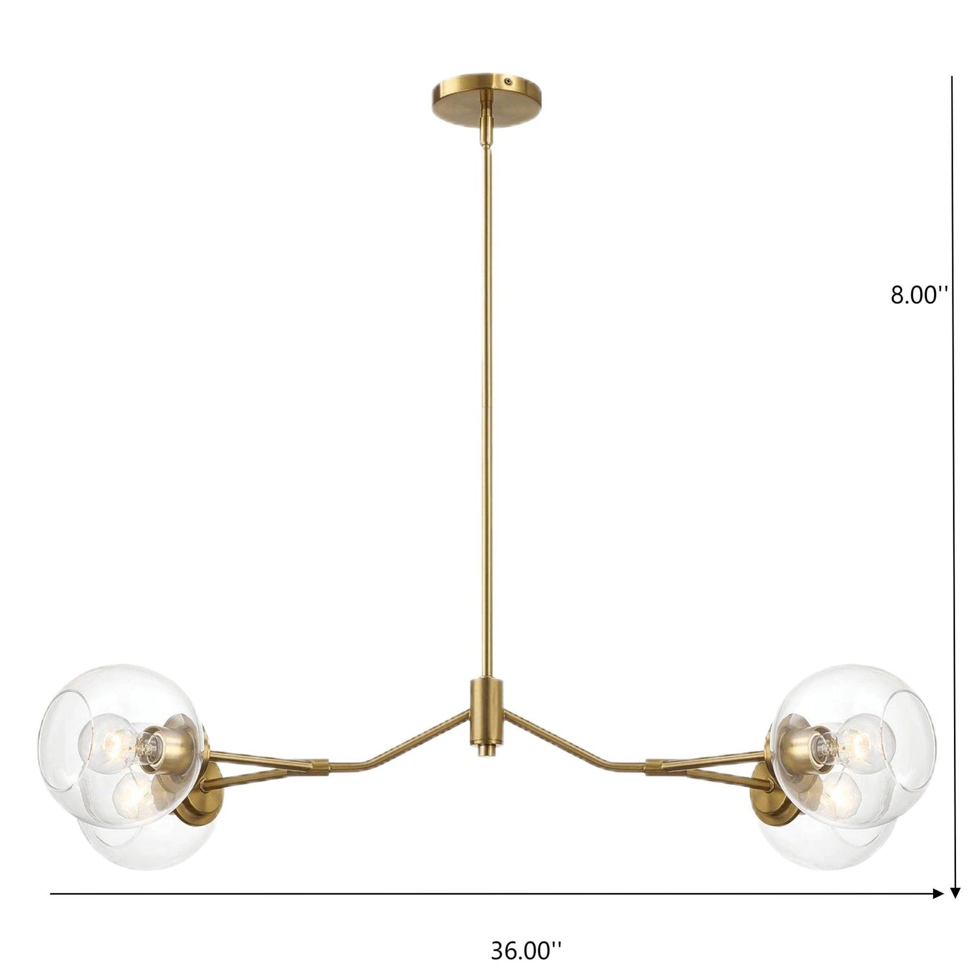 Modern gold chandelier with two clear glass globe shades, 36 inch wide, ceiling light