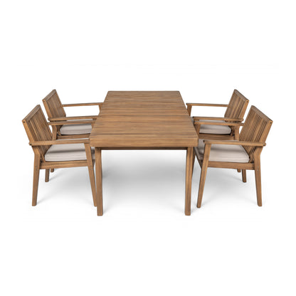 Durable 5 - Piece Patio Furniture Set Acacia Wood Table and 4 Heavy-Duty Cushioned Chairs, Brown