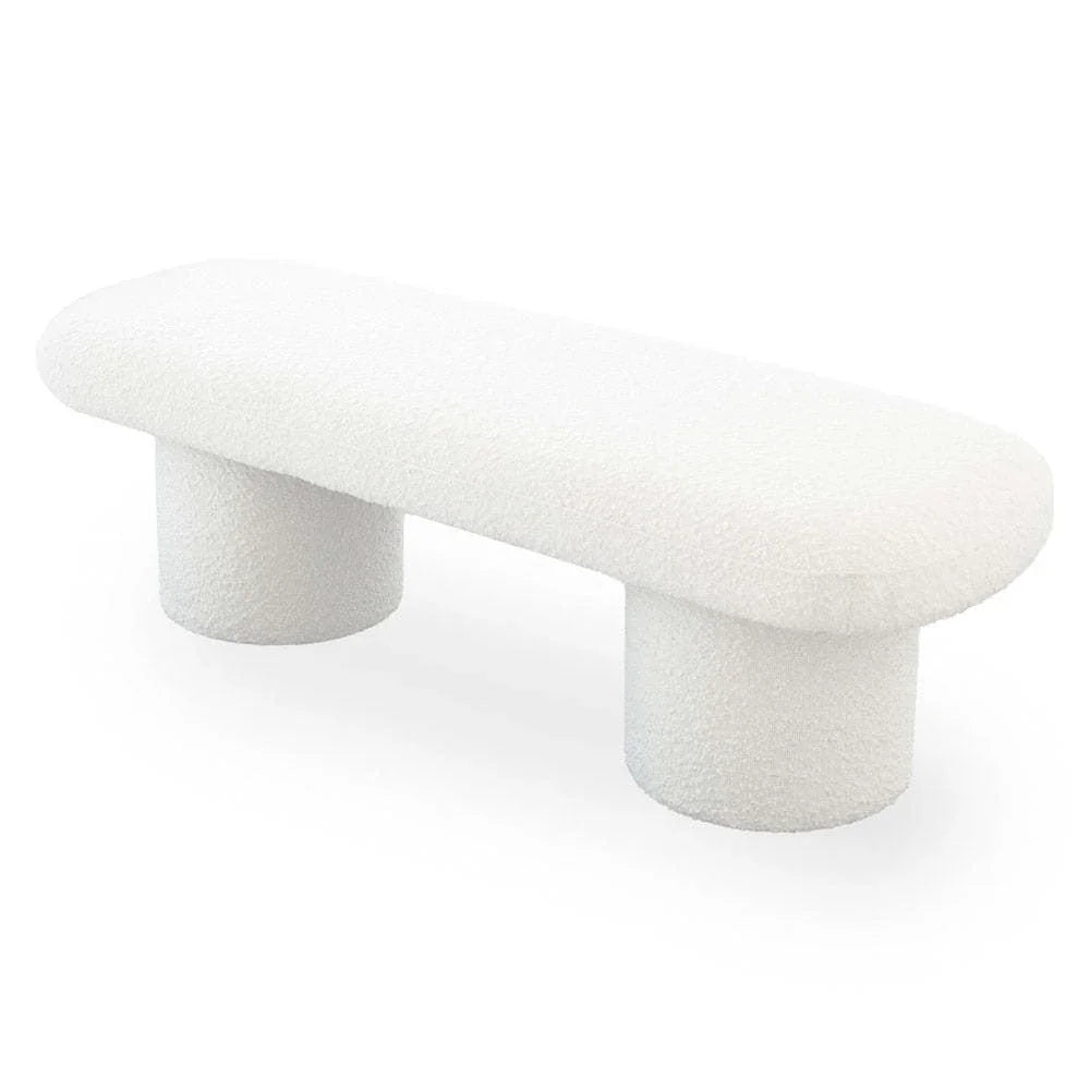 Modern white upholstered bench with rounded edges and cylindrical legs, FredCo International furniture