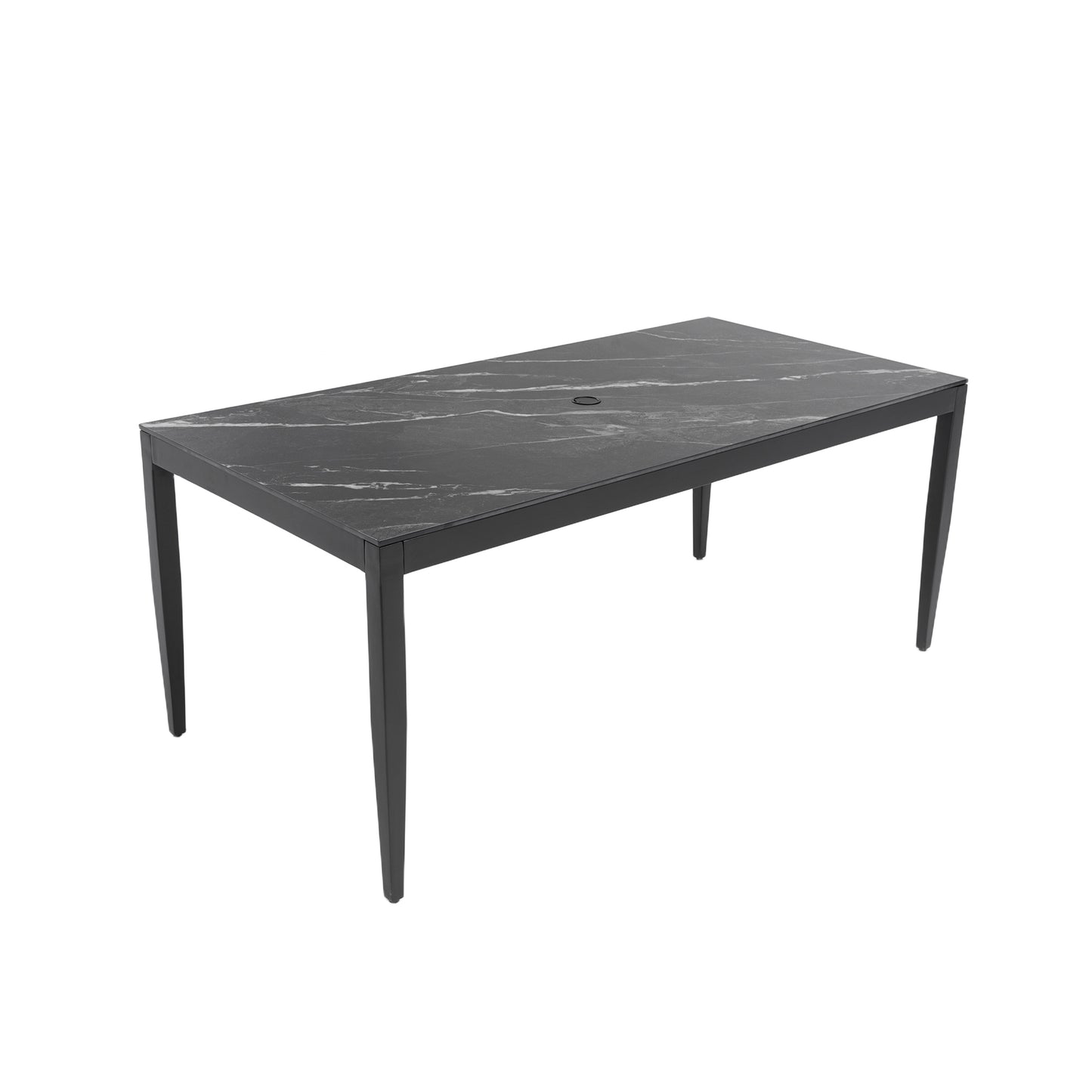 Outdoor Modern Patio 35.5'x71' Aluminum Dining Table, Black Marble-Inspired Sintered Stone Top, Ember Black Finish, Post Tapered Legs-Seats Six, Weatherproof & Rust-Free