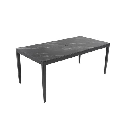 Outdoor Modern Patio 35.5'x71' Aluminum Dining Table, Black Marble-Inspired Sintered Stone Top, Ember Black Finish, Post Tapered Legs-Seats Six, Weatherproof & Rust-Free