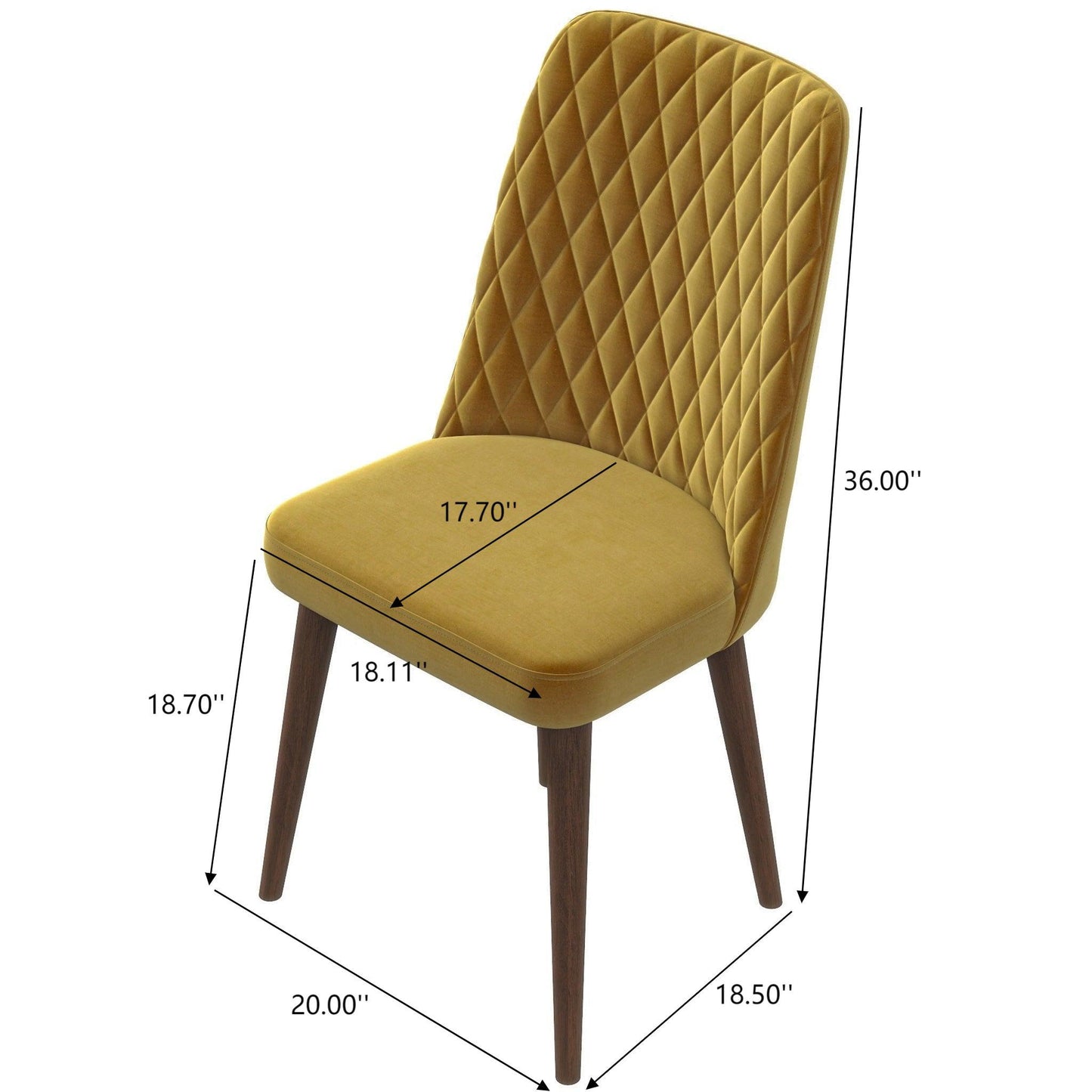 Mustard yellow upholstered dining chair with diamond-stitched back and wood legs, dimensions shown