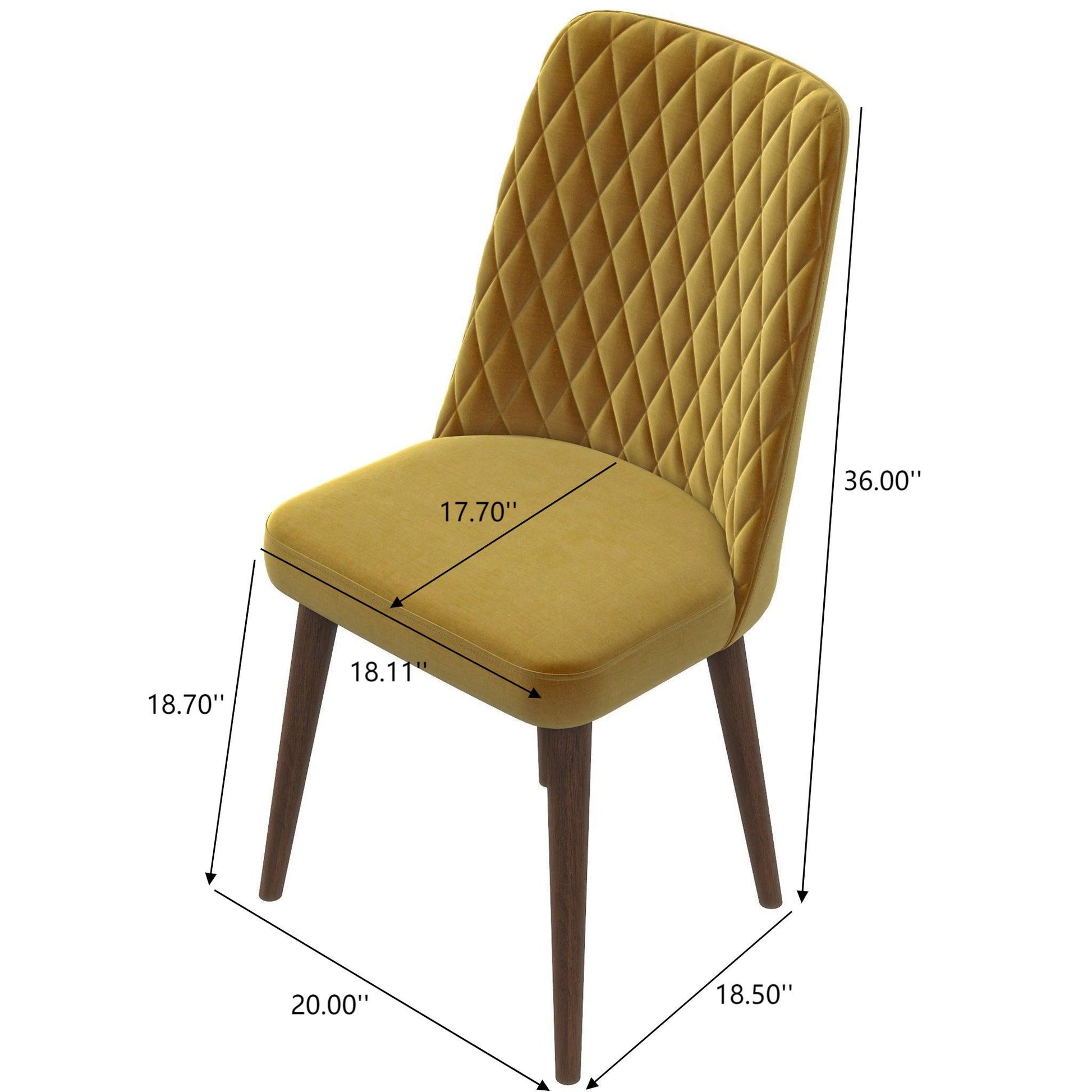 Mustard yellow upholstered dining chair with diamond-stitched back and wood legs, dimensions shown