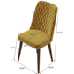 Mustard yellow upholstered dining chair with diamond-stitched back and wood legs, dimensions shown