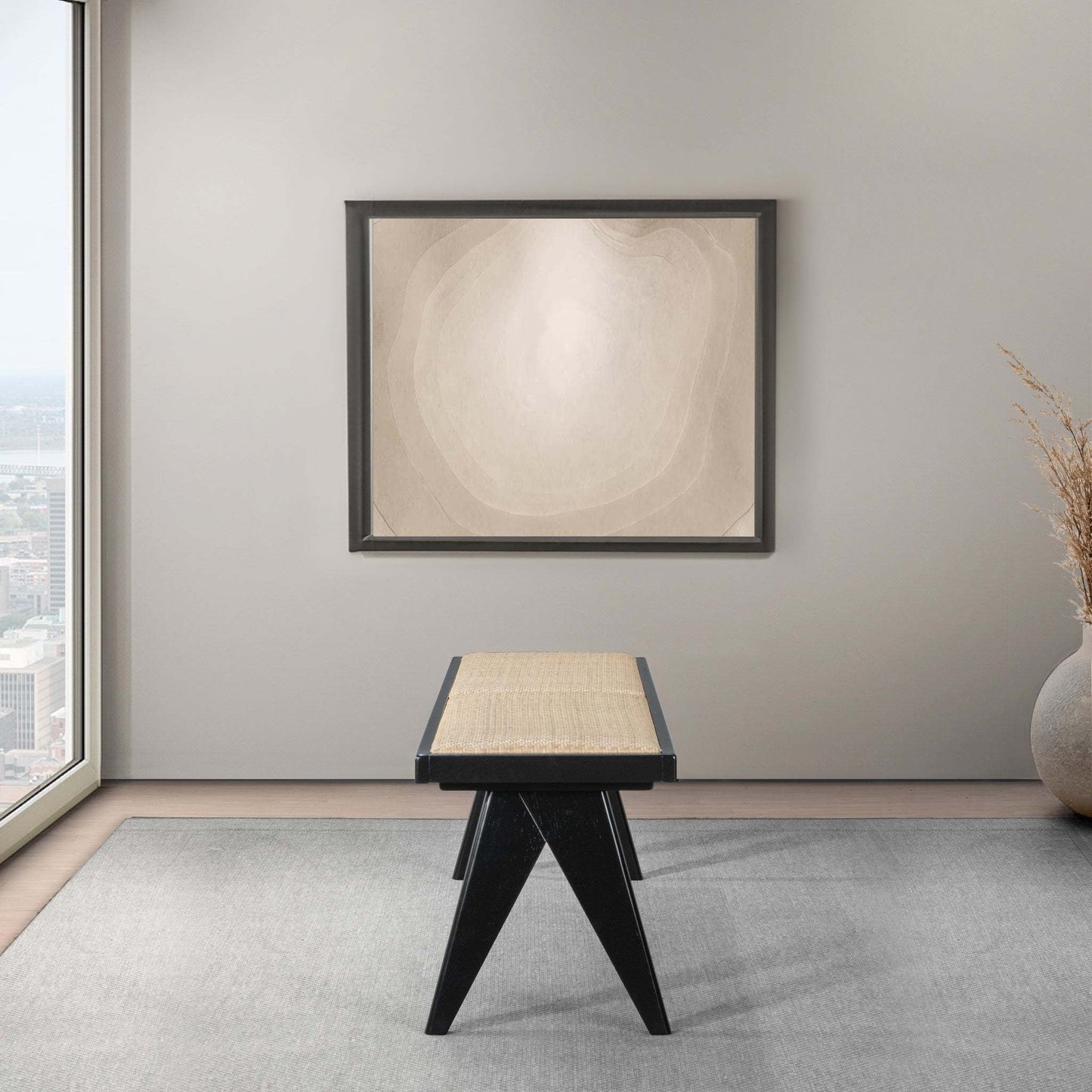Modern bench with woven seat in minimalist room, abstract art on wall, FredCo International furniture