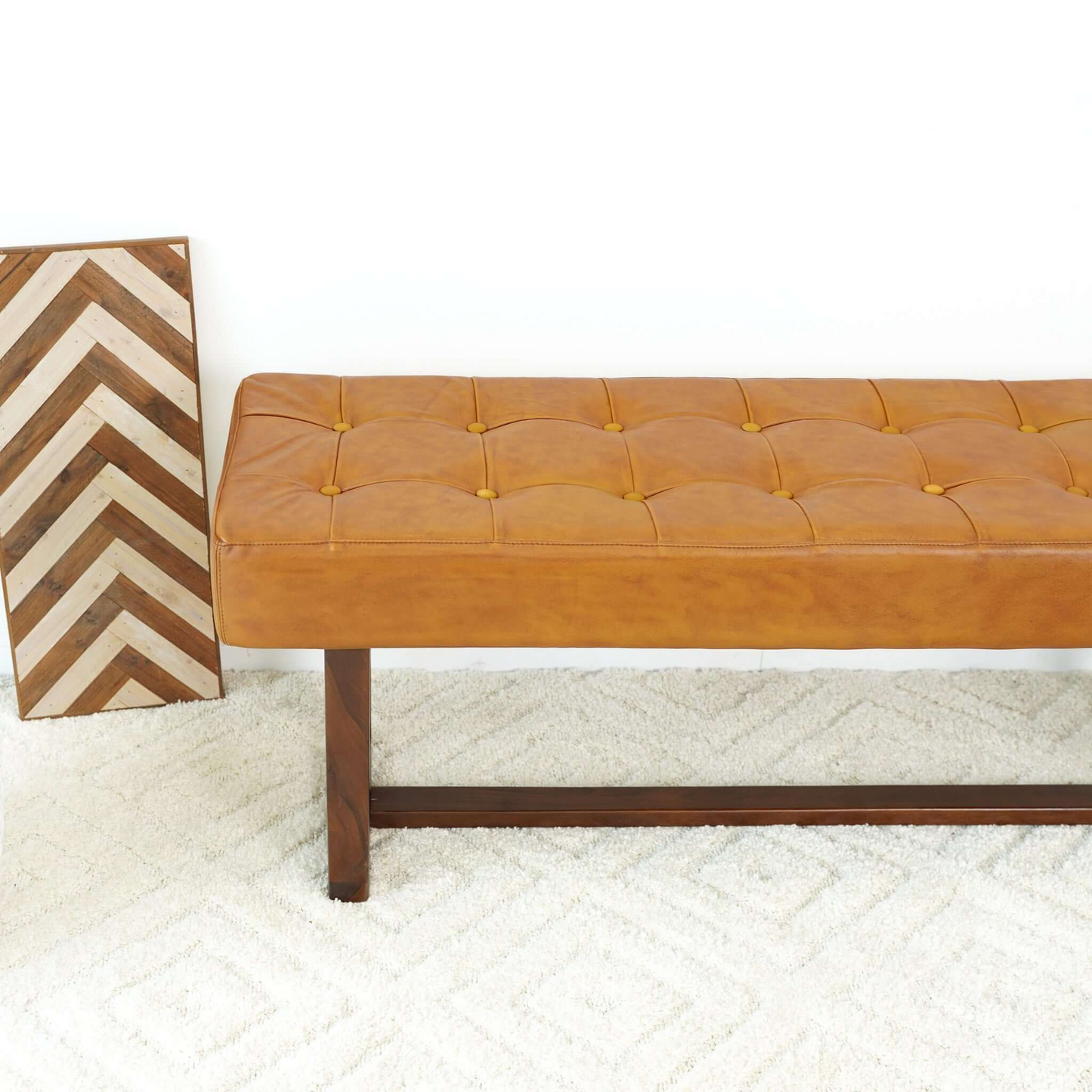 Cameron Mid-Century Modern Tan Leather Bench with Solid Wood Frame 17.5''H x 51''W x 16''D for Living Room Bedroom Waiting Room FredCo