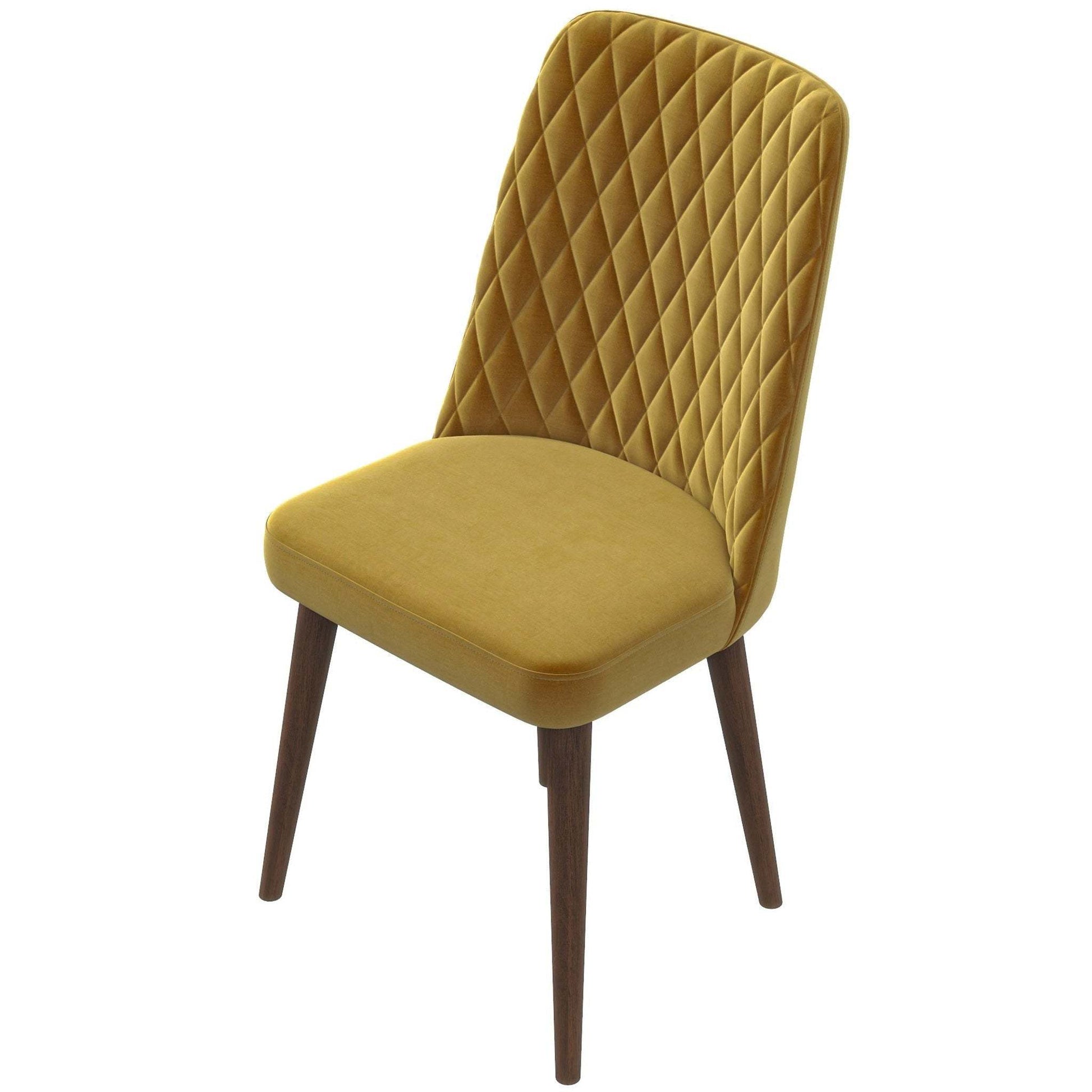 Mustard yellow upholstered dining chair with quilted back and wooden legs, FredCo furniture