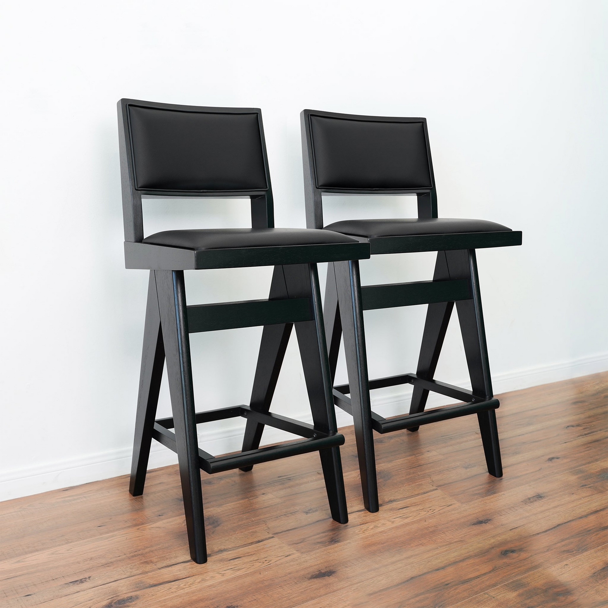 Keira Mid-Century Bar Stool Black PU Leather Solid Wood 18.11 x 17.52 x 38.58 inches Kitchen Counter Barstool with Back Bar Stool (Set of 2) FredCo