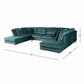 Emerald green velvet sectional sofa with tufted cushions, metal legs, and size dimensions shown