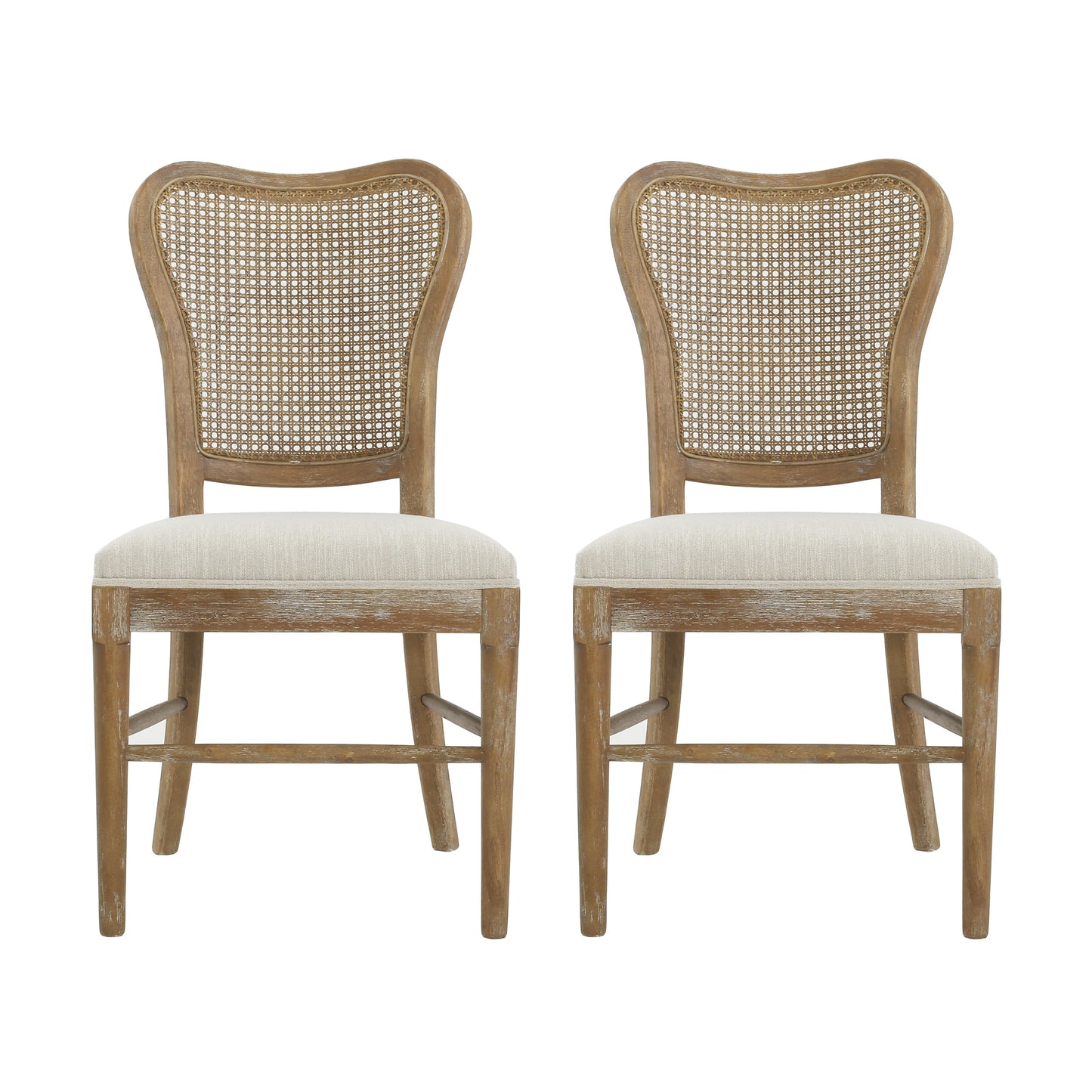Classic Retro Dining Chair Set of 2 with Rattan Backrest, Dark Brown Rubberwood Frame, Beige Fabric Cushion FredCo