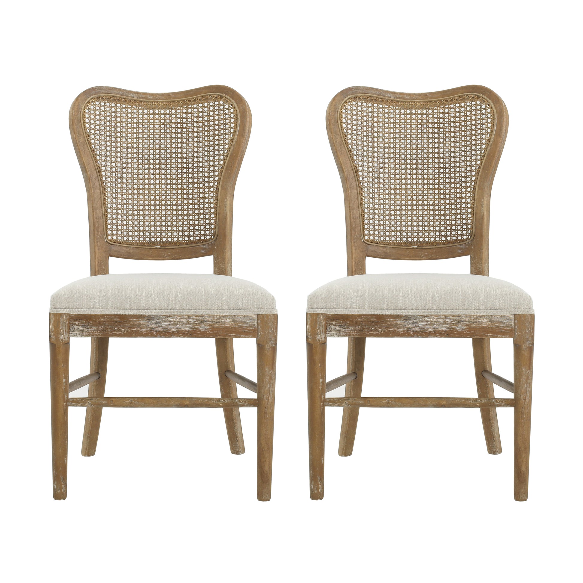 Classic Retro Dining Chair Set of 2 with Rattan Backrest, Dark Brown Rubberwood Frame, Beige Fabric Cushion FredCo