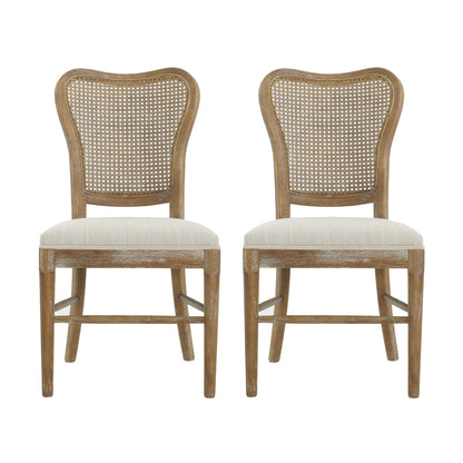 Classic Retro Dining Chair Set of 2 with Rattan Backrest, Dark Brown Rubberwood Frame, Beige Fabric Cushion FredCo