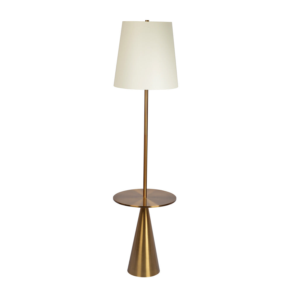 Modern brass floor lamp with built-in round table and white lampshade from FredCo International